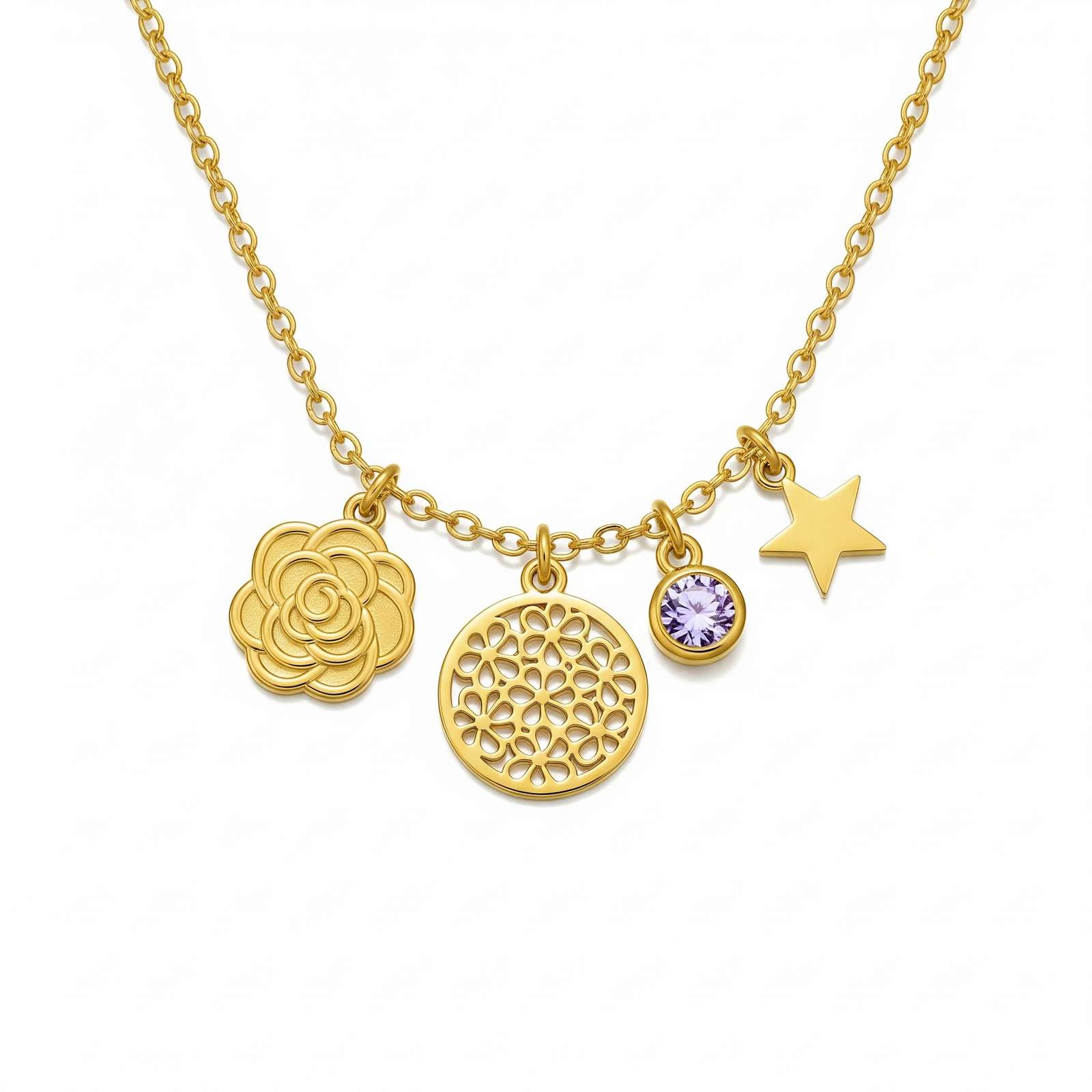 Dedicate Women's Gift Custom Birth Month Flower Birthstone Charm Necklace, Gold Flower Star Charm Pendant Necklace, Personalized Birthstone Layered Necklace for Her