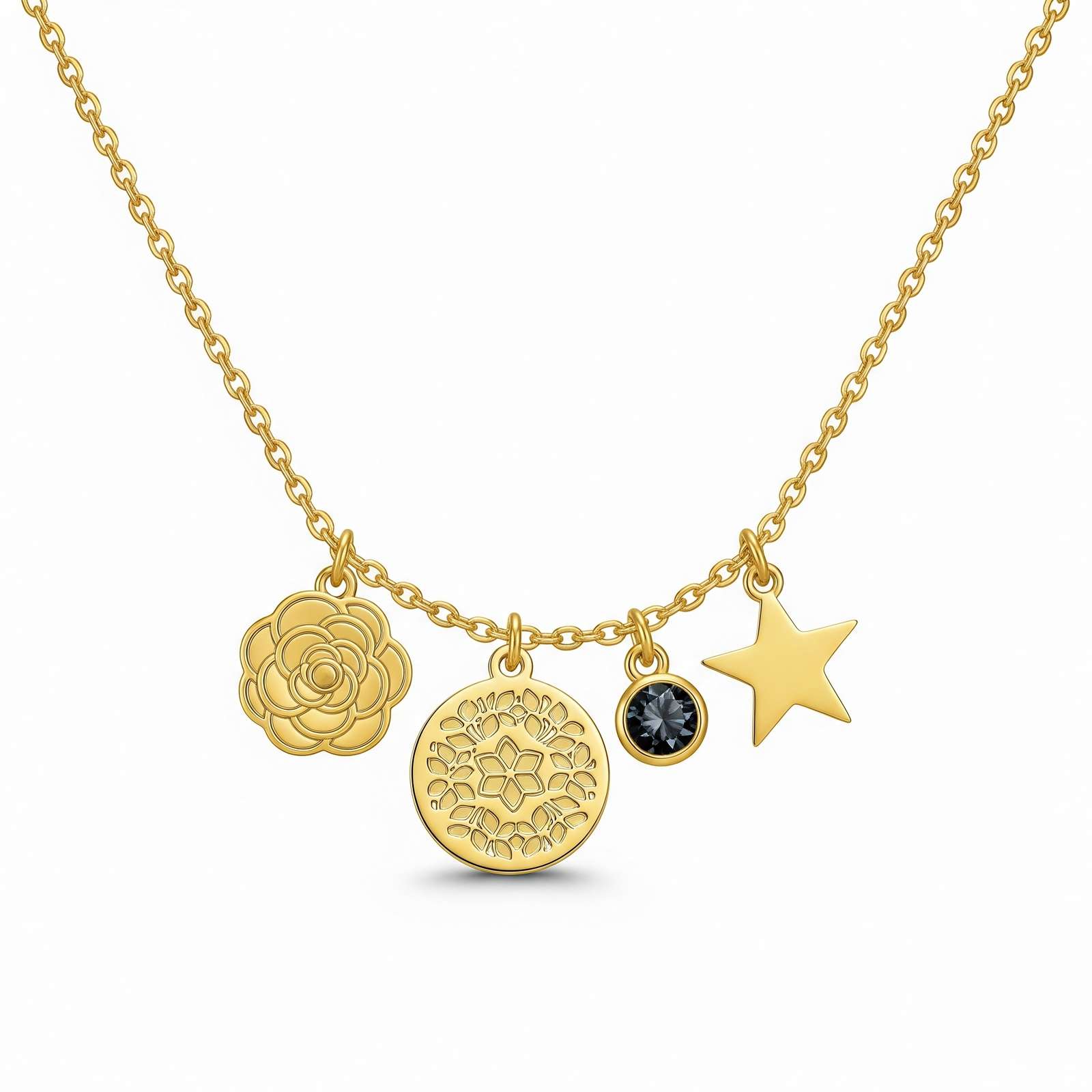 Dedicating Women's Gift Custom Birthstone Charm Necklace with Gold Flower and Star Pendants - Personalized Birth Month Flower Necklace
