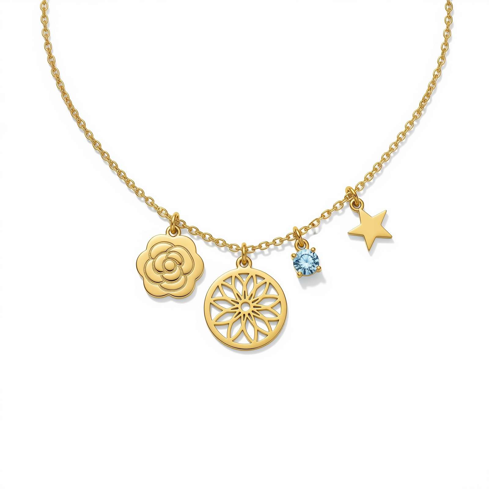 Dedicate Women's Gift Custom Birth Month Flower Birthstone Charm Necklace – Gold Charm Necklace with Birthstone and Flower – Personalized Layered Gold Pendant for Women