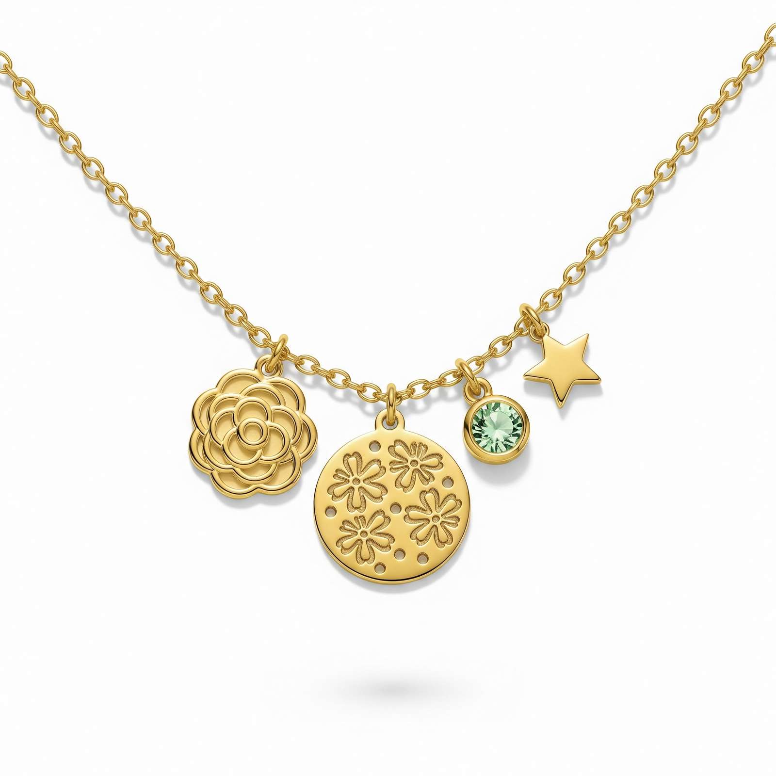 Delicate Women's Custom Birthstone Flower Charm Necklace – Gold Charm Necklace for Women with Star and Floral Pendants – Personalized Birth Month Flower Necklace Gift