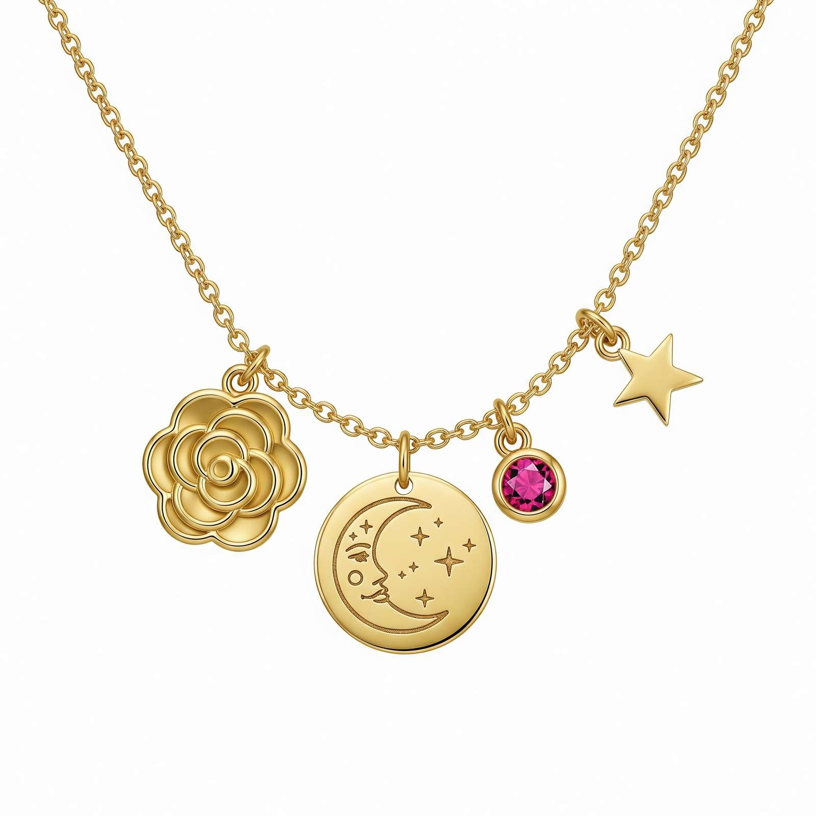 Dedicate Women's Gift Birth Month Flower Necklace with Custom Birthstone Charm Necklace for Her, Featuring Gold Moon Star Floral Pendant Necklace Accents