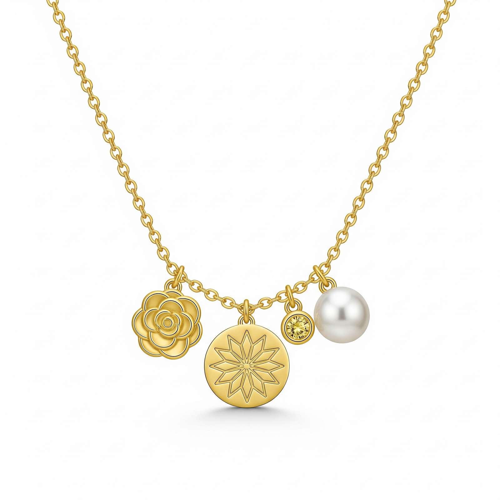 Dedicating Women's Gift Custom Flower Charm Necklace with Personalized Birthstone Charm, Gold Floral Pendant Necklace with Pearl