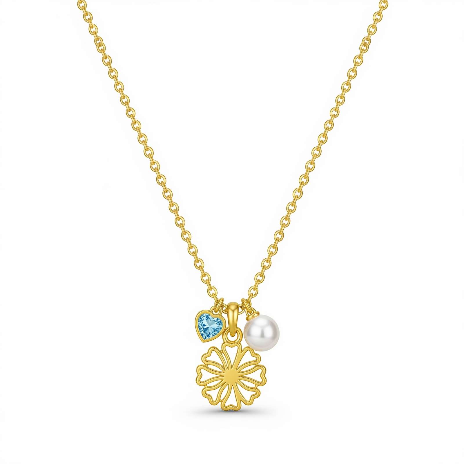Dedicate Women's Gift Custom Birthstone Charm Necklace – Gold Flower Pendant Necklace with Pearl and Heart Charm – Personalized Birth Month Jewelry for Her
