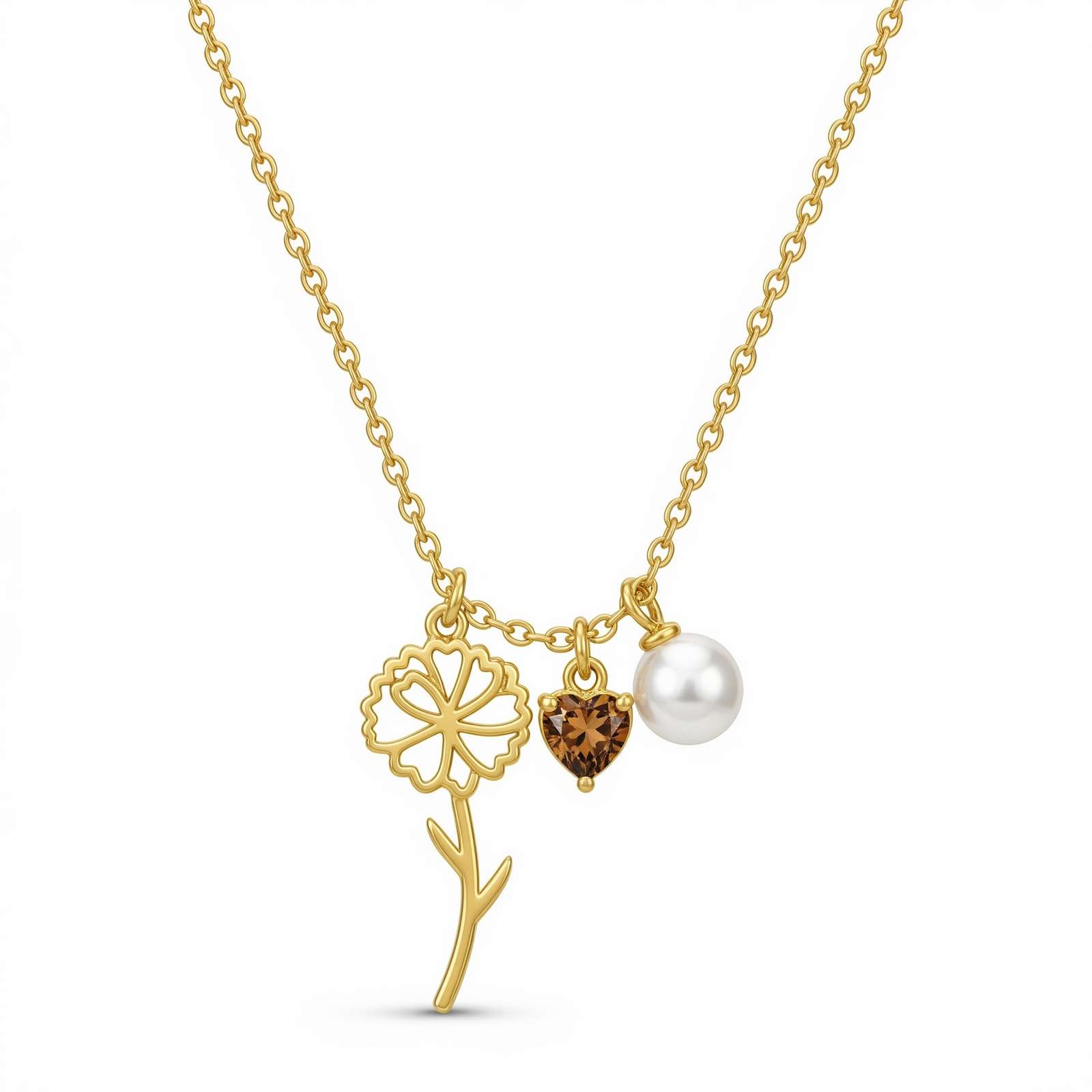 Dedicate Women's Gift Custom Birth Flower Birthstone Necklace – Gold Four Leaf Clover Charm Necklace with Pearl – Personalized Birth Month Jewelry for Her