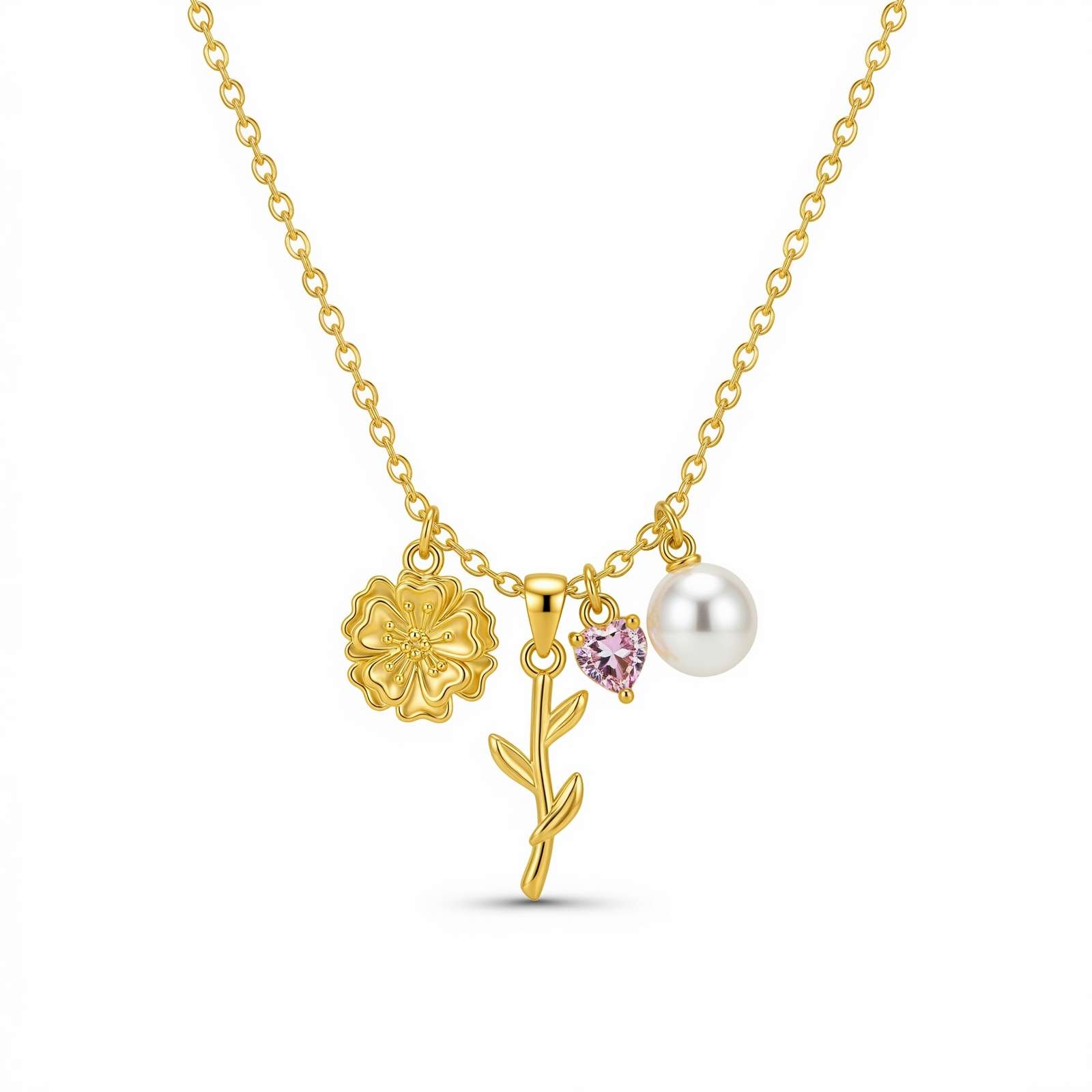 Custom Birthstone Flower Necklace with Pearl & Charm – Personalized Birth Month Flower Necklace, Delicate Women's Gift Charm Necklace