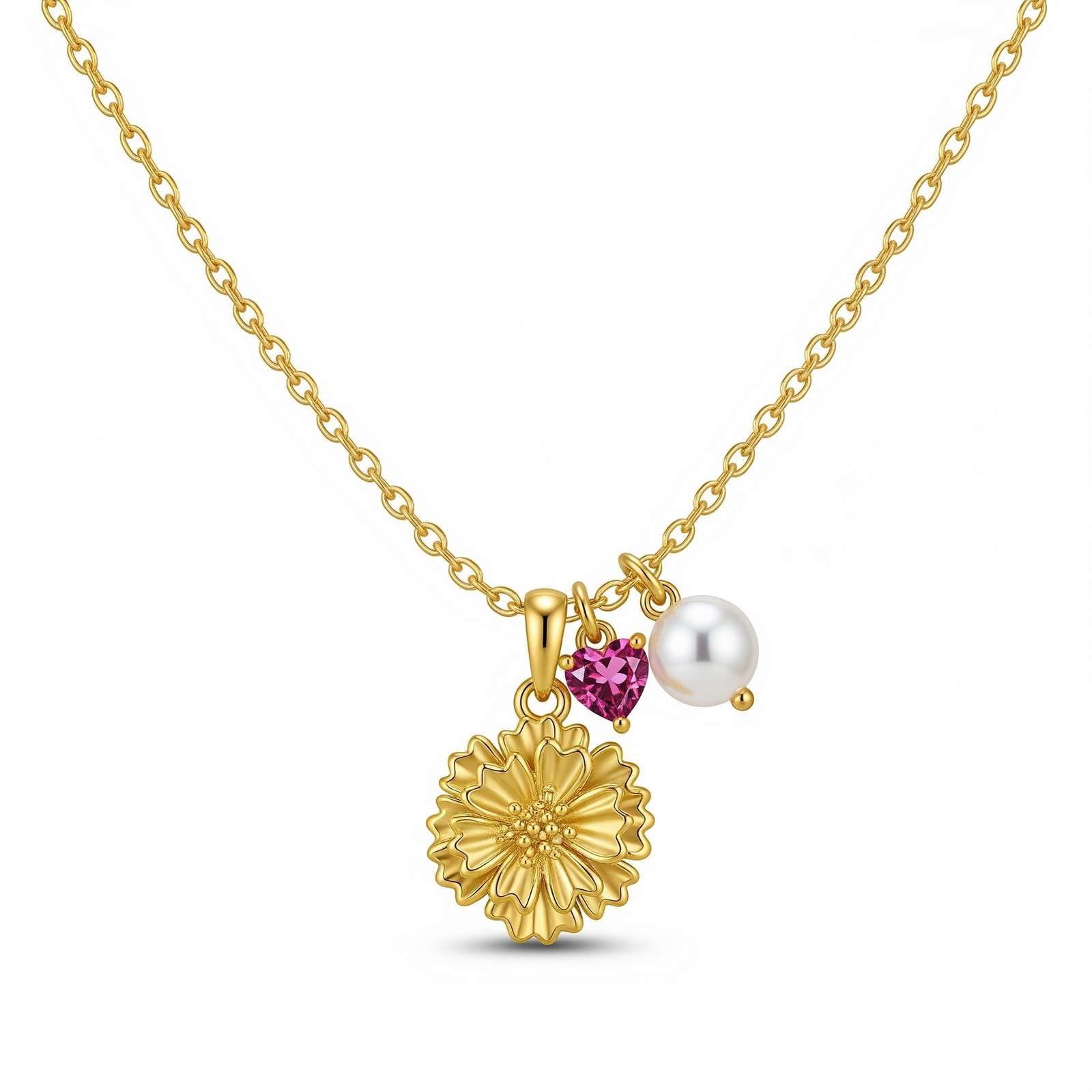 Custom Birth Flower Necklace for Women - Gold Floral Charm Pendant with Pearl and Birthstone, Dedicated Women's Gift Custom Birth Month Flower Birthstone Charm Necklace