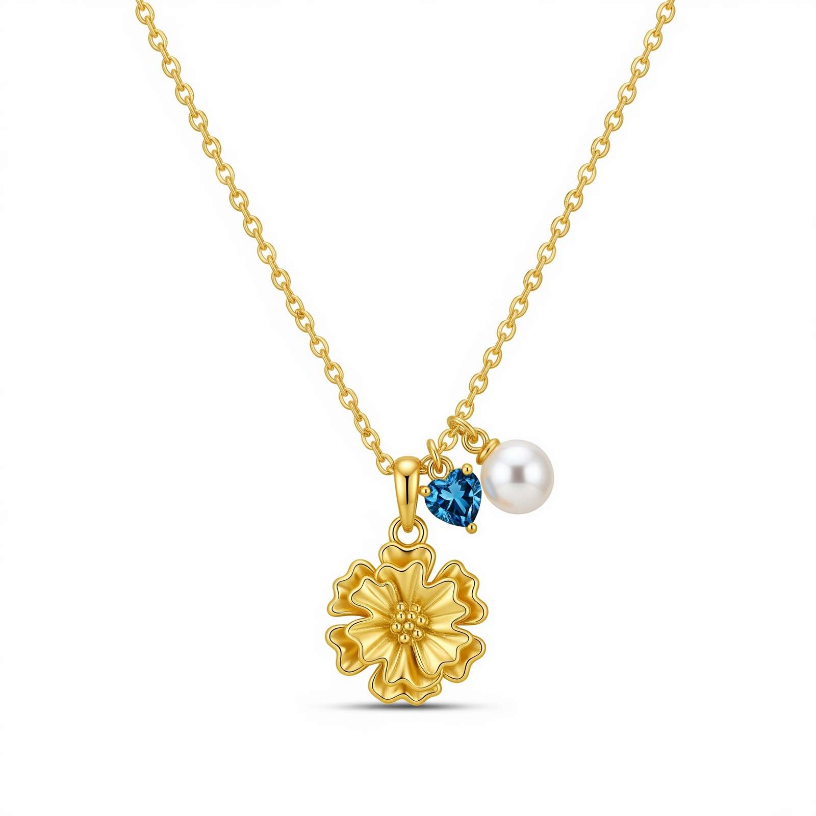 Gold Floral Pearl Birthstone Necklace – Personalized Flower Charm Pendant for Her, Custom Birth Month Flower Birthstone Charm Necklace, A Thoughtful Dedicate Women's Gift