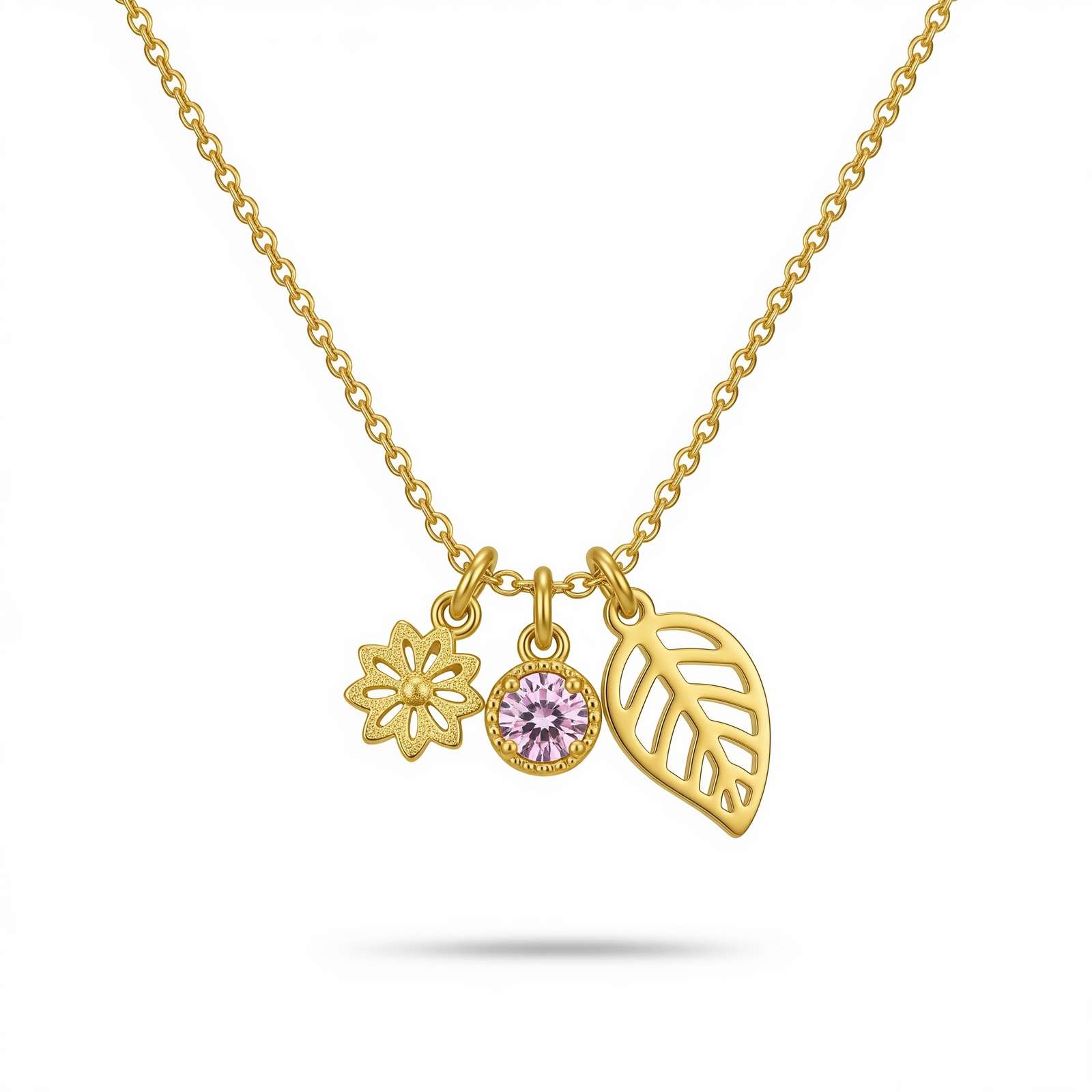 Delicate Women's Birth Month Necklace with Custom Flower Leaf Birthstone Charm – Personalized Gold Charm Pendant Gift for Her