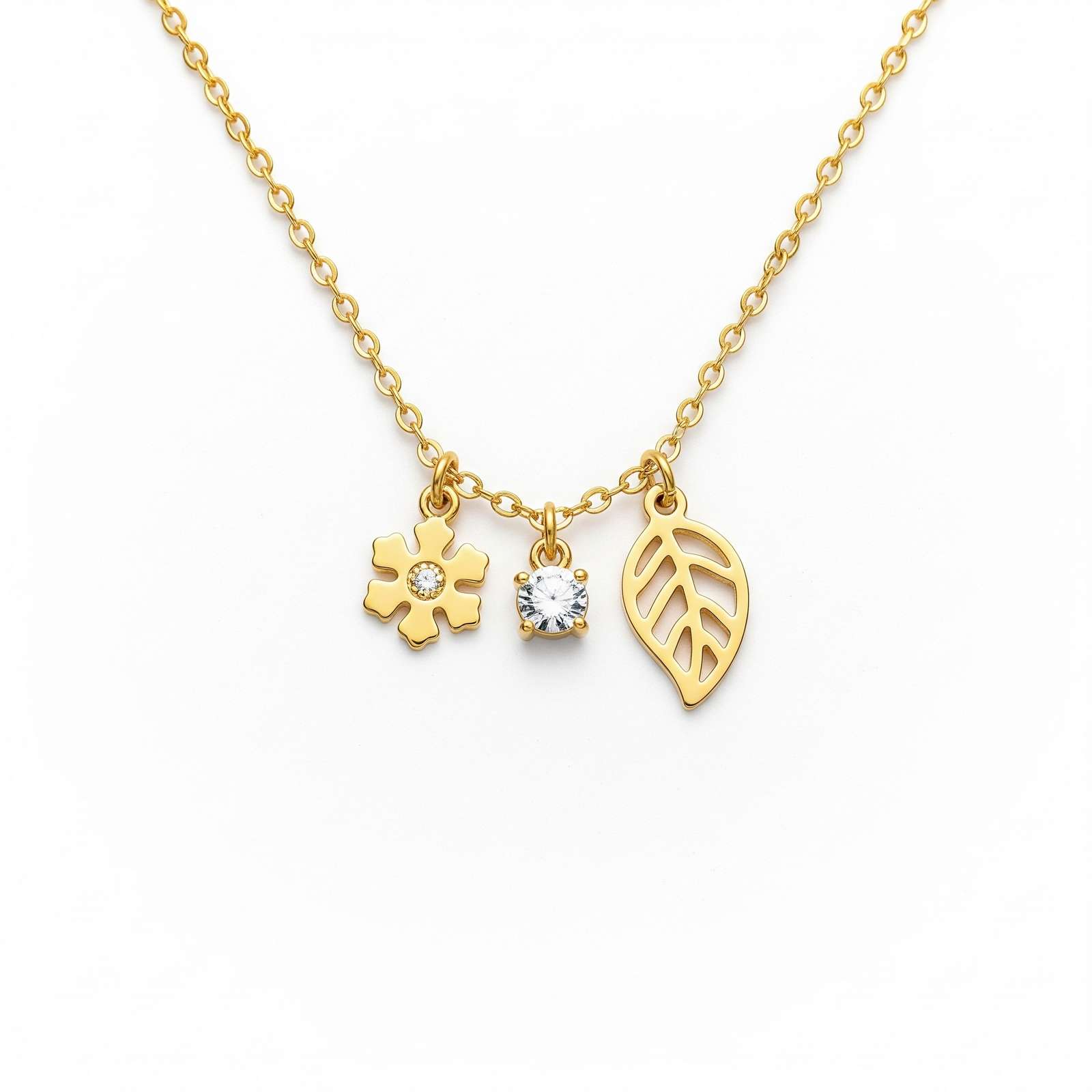 Delicate Women's Gift Custom Birthstone Charm Necklace – Gold Charm Necklace Flower Leaf Cubic Zirconia – Personalized Nature Themed Necklace for Her