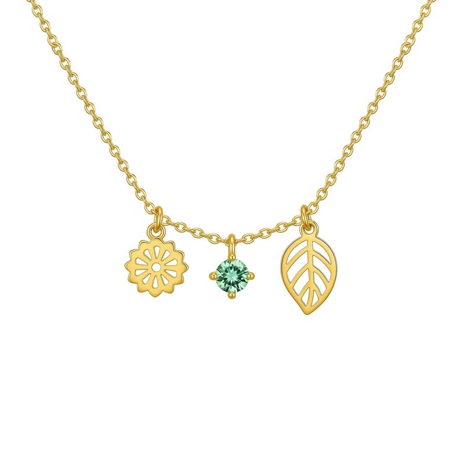Delicate Women’s Gift Custom Birth Month Flower Birthstone Necklace – Gold Flower Leaf Charm Pendant Necklace with Personalized Green Birthstone Charm Necklace Accents