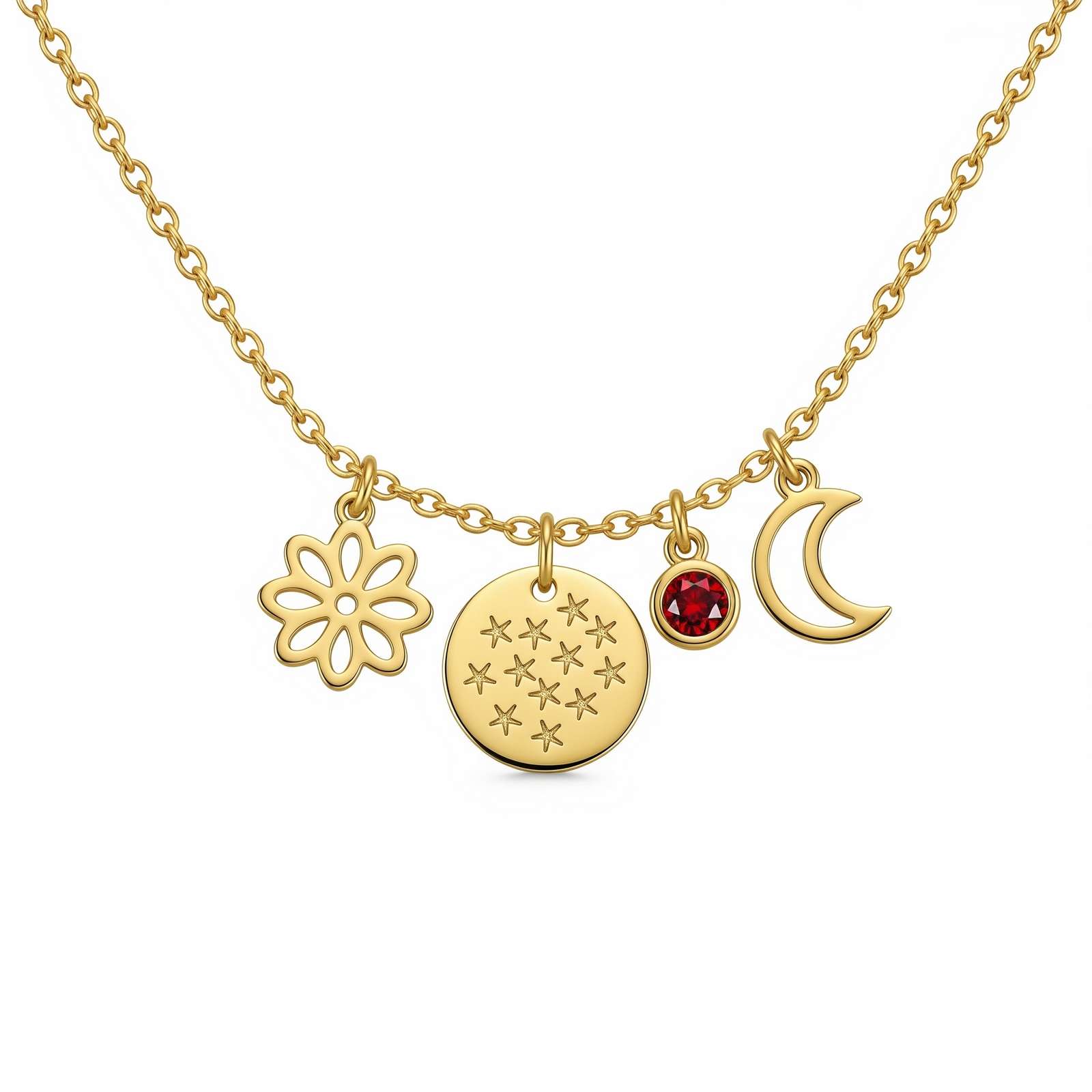 Dedicated Women's Charm Necklace with Custom Birthstone Flower and Celestial Gold Charm Pendant – Elegant Personalized Jewelry for Every Occasion