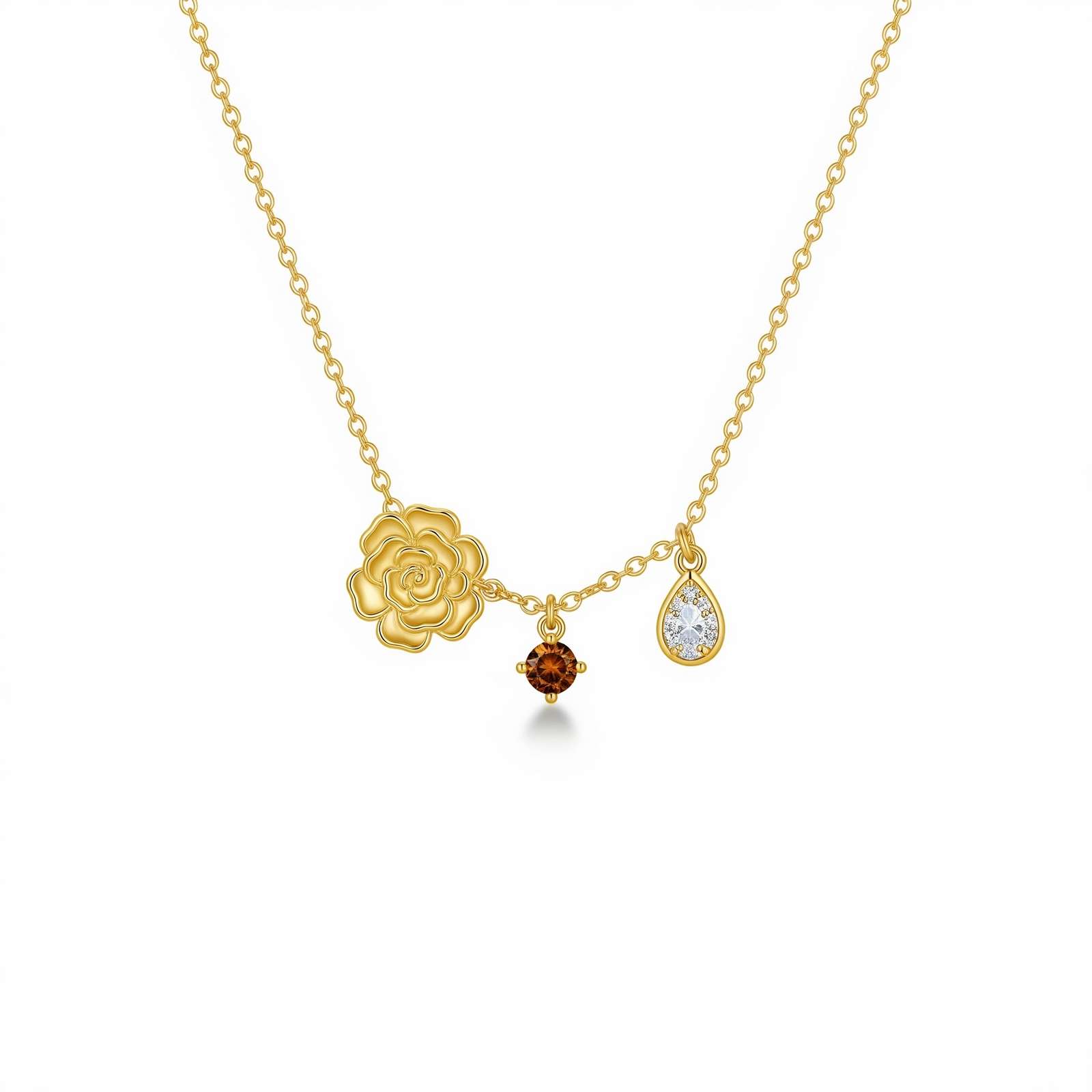 Delicate Women’s Gift Custom Birth Flower Necklace – Gold Flower Birthstone Charm Necklace with Personalized Garnet and Crystal Pendant Necklace