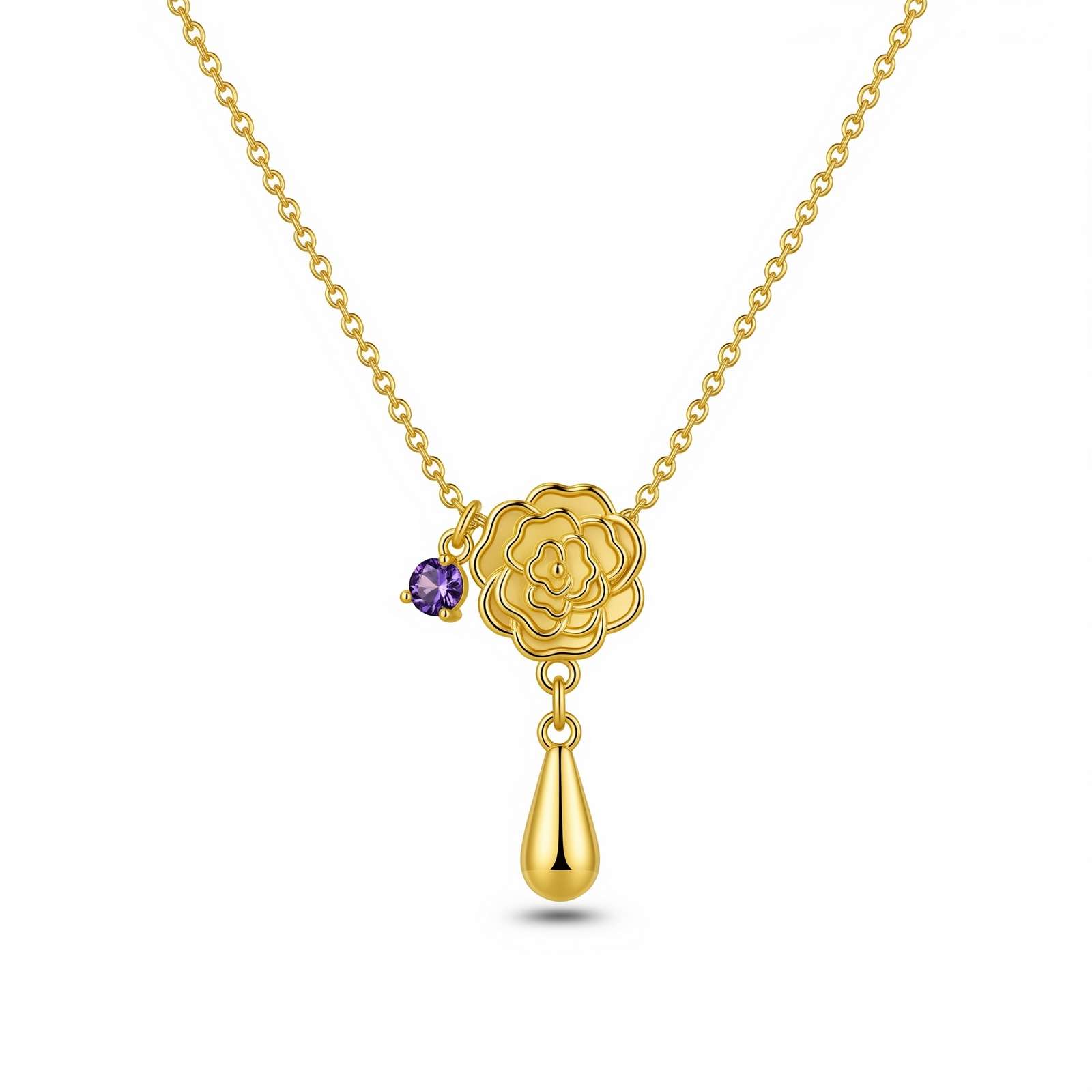 Dedicated Women's Gift Birthstone Flower Necklace – Elegant Gold Flower Pendant Necklace with Amethyst – Custom Birth Month Charm Jewelry for Her