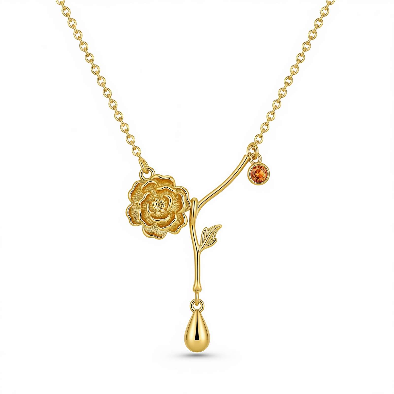 Dedicating Women's Gift Birth Month Flower Necklace - Gold Flower Drop Charm Pendant Necklace with Custom Floral Birthstone