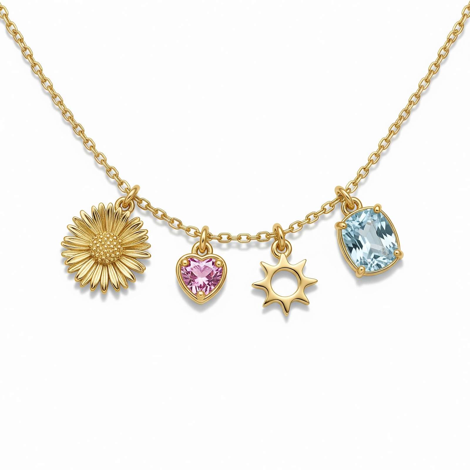 Dedicate Women's Gift Custom Birthstone Charm Necklace – Personalized Daisy Pink Heart Sun Necklace with Gold Birth Month Flower Pendant for Her