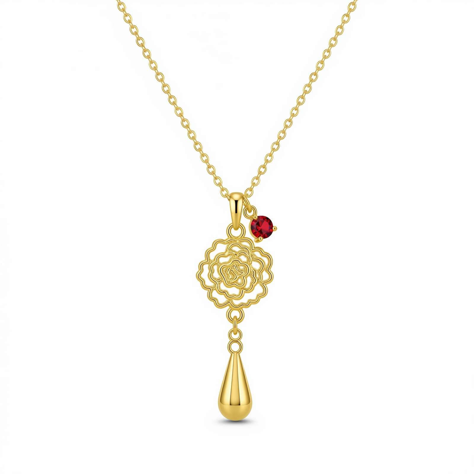 Delicate Women's Gift Custom Birth Flower Necklace – Gold Floral Birthstone Charm Pendant Featuring July Ruby Gold Drop Necklace Design