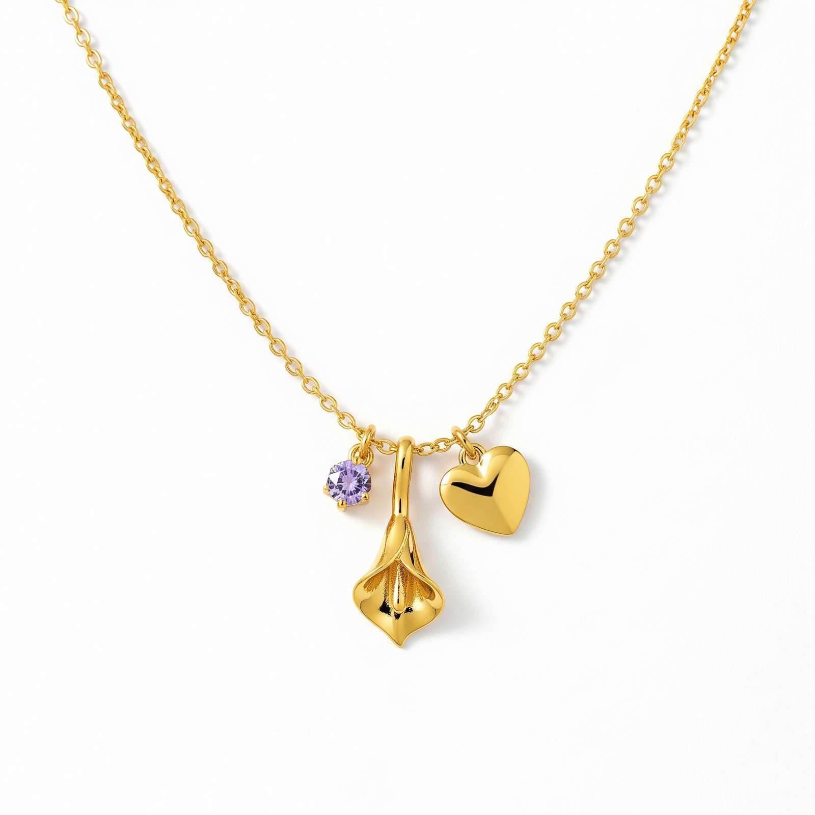 Women's Birthstone Flower Necklace with Custom Flower Charm and Personalized Gold Heart – Elegant Keepsake Jewelry for Every Occasion
