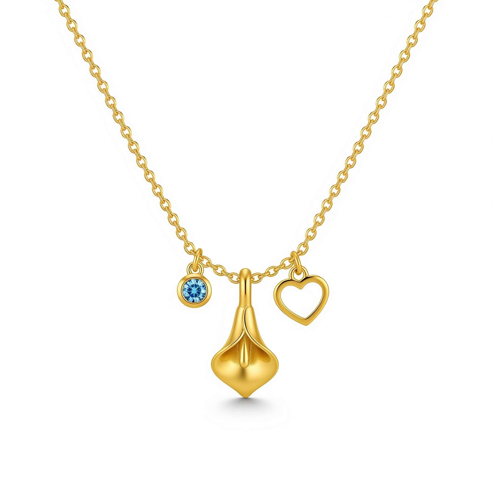 Dedicate Women's Gift Custom Birth Month Flower Birthstone Charm Necklace – Gold Floral Birthstone Necklace for Her with Personalized Calla Lily Charm Pendant with Heart and Gem