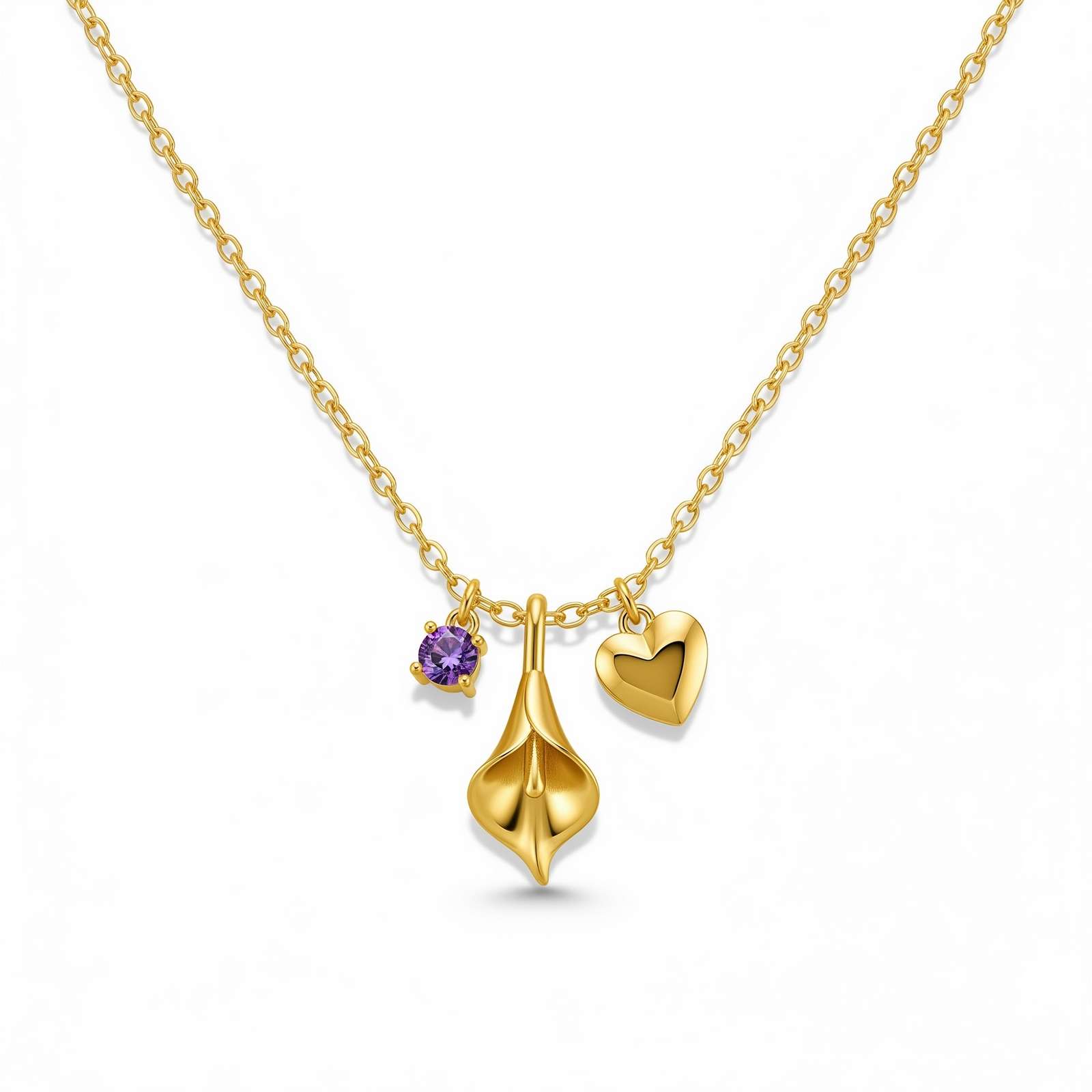 Elegant Calla Lily Charm Necklace with Heart and Custom Birthstone – A Dedicate Women's Gift Necklace Full of Meaning and Style