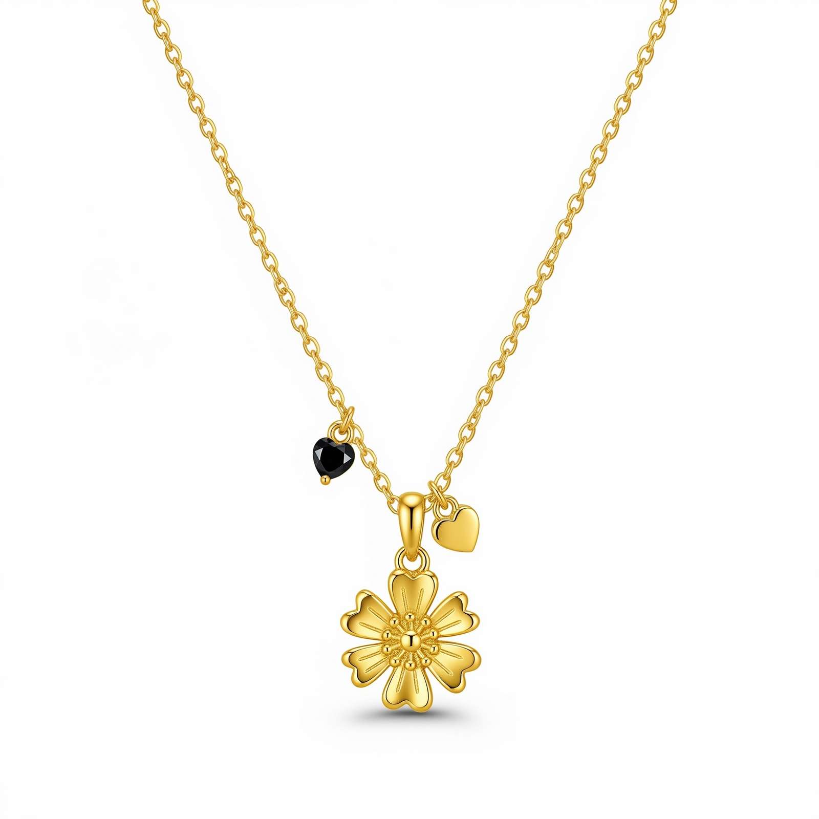 Daisy Pendant Charm Necklace – Personalized Gold Birth Month Flower & Black Heart Birthstone Jewelry for Women