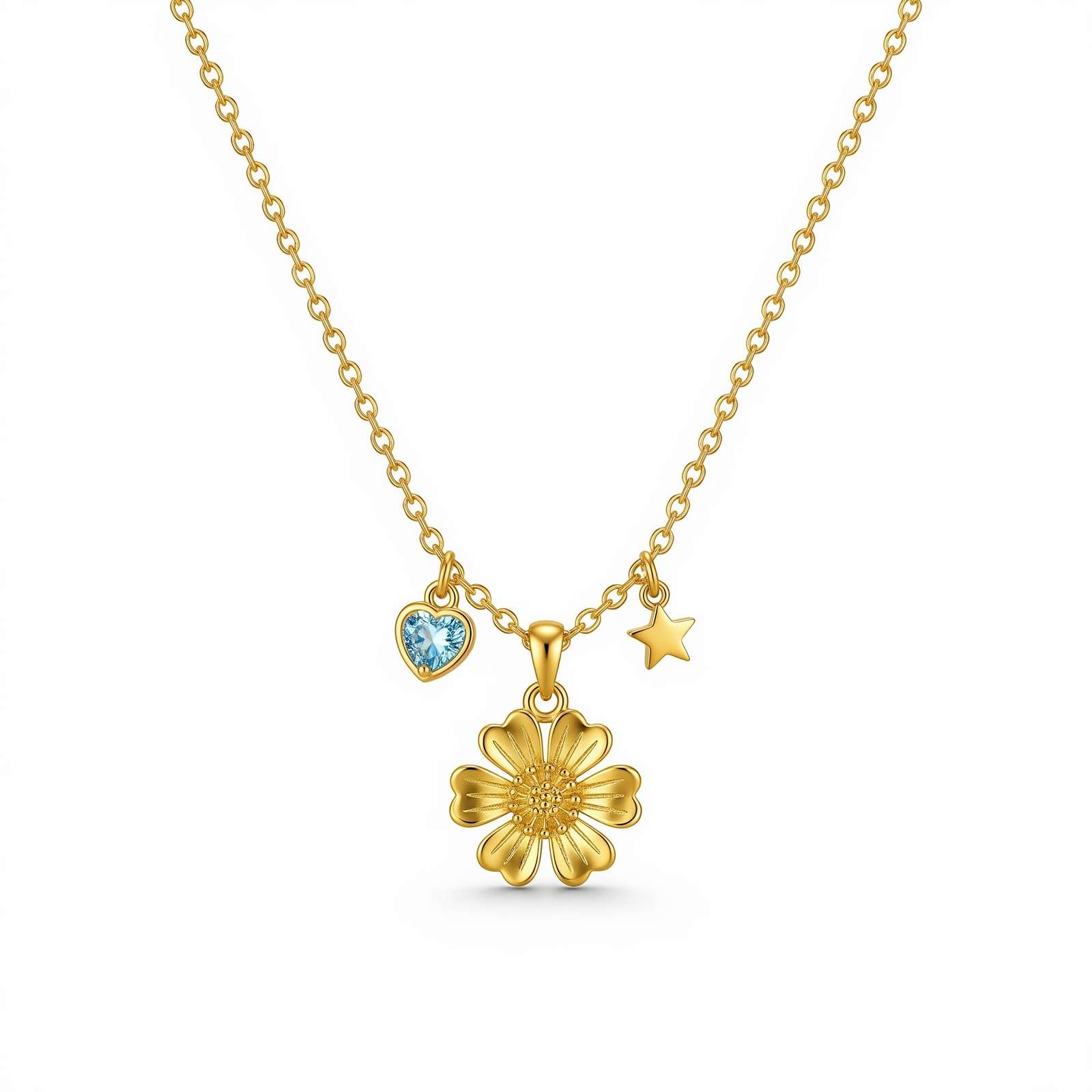 Dedicate Women's Gift Custom Birth Month Flower Birthstone Charm Necklace – Gold Daisy Flower Necklace with Blue Heart Charm – Personalized Floral Pendant Necklace for Her
