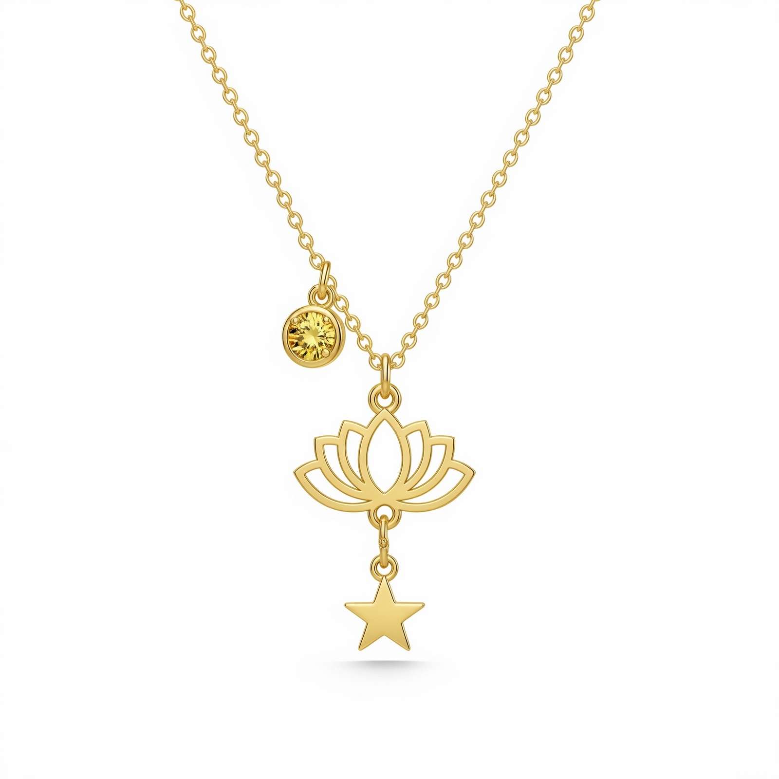 Dedicate Women's Gift Custom Birthstone Lotus Star Necklace – Exquisite Gold Lotus Charm Necklace for Women – Spiritual Star Lotus Pendant Jewelry Radiating Elegance and Meaning