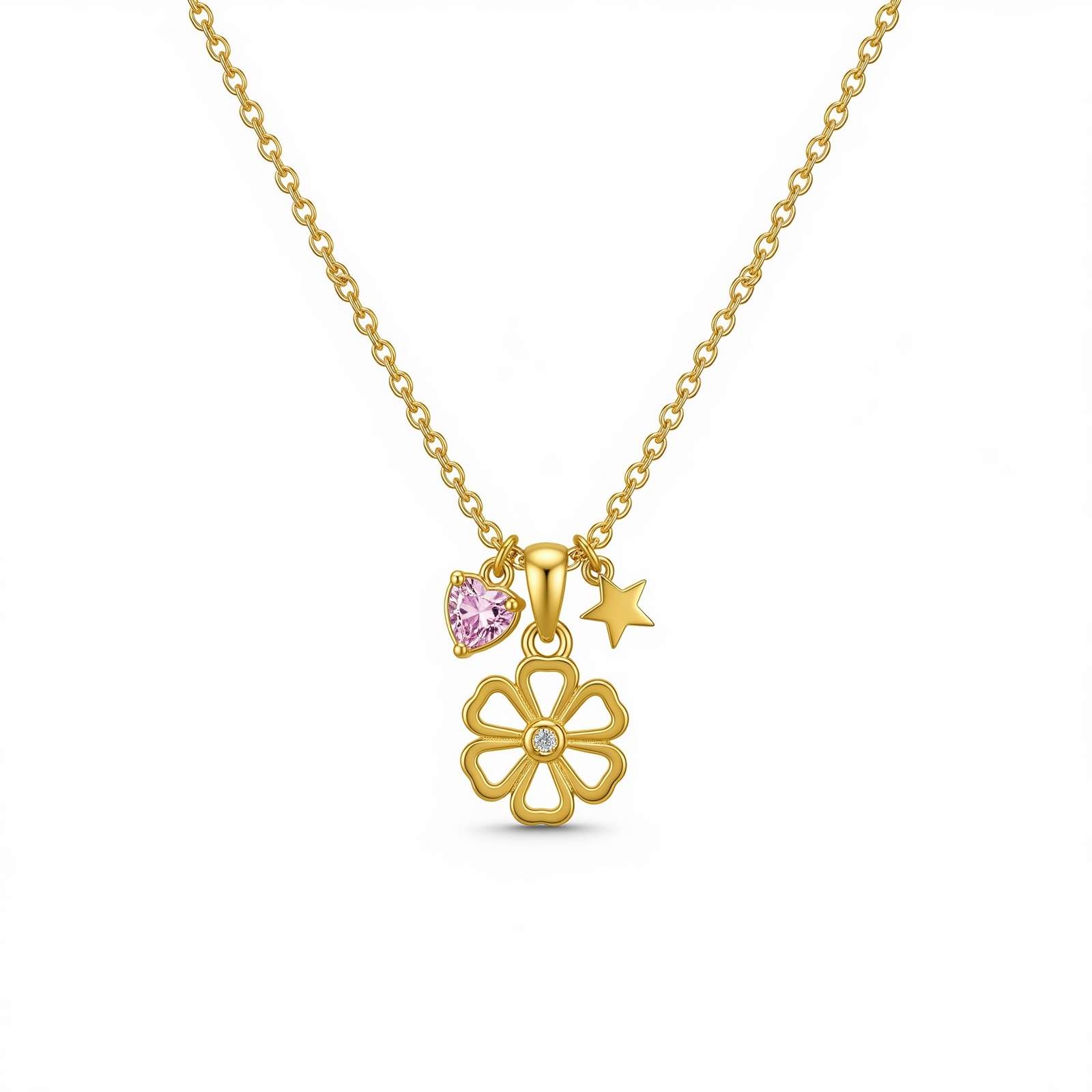 Dedicate women's gift custom birthstone flower charm necklace – Gold clover pendant necklace with star and pink heart charm – Personalized dainty birth month jewelry for her