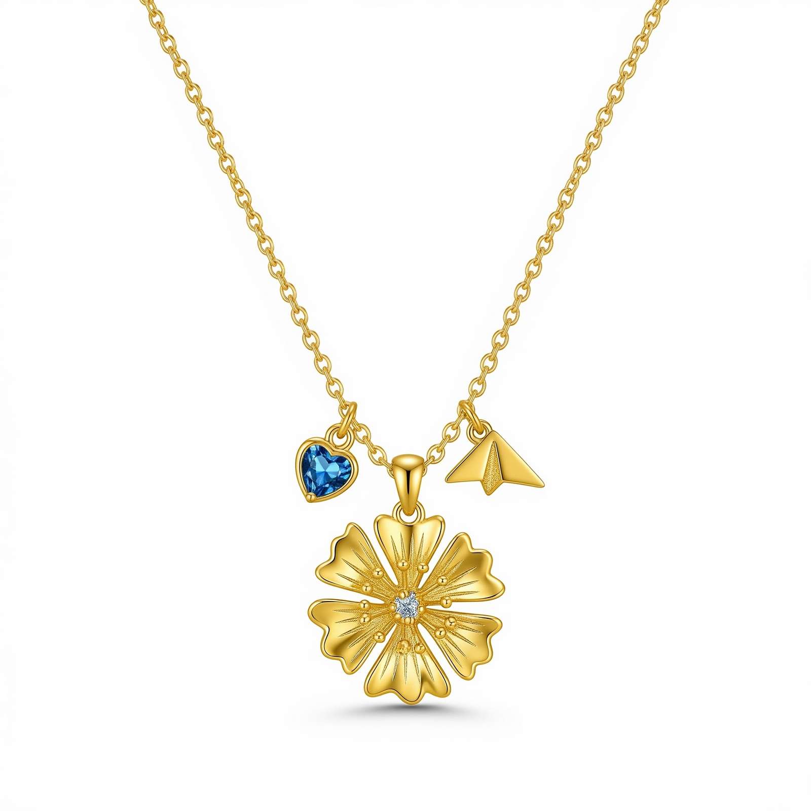 Dedicate Women's Gift Custom Birth Flower Necklace with Gold Flower Charm and Personalized Blue Heart Pendant Jewelry - Gold Flower Charm Birthstone Necklace for Her