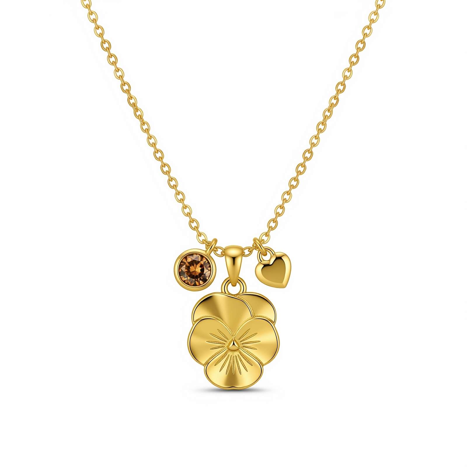 Dedicated Women's Gift Flower Birthstone Charm Necklace – Custom Birth Month Flower Necklace Gold Featuring Gold Pansy Pendant Necklace with Heart and Gemstone Charm