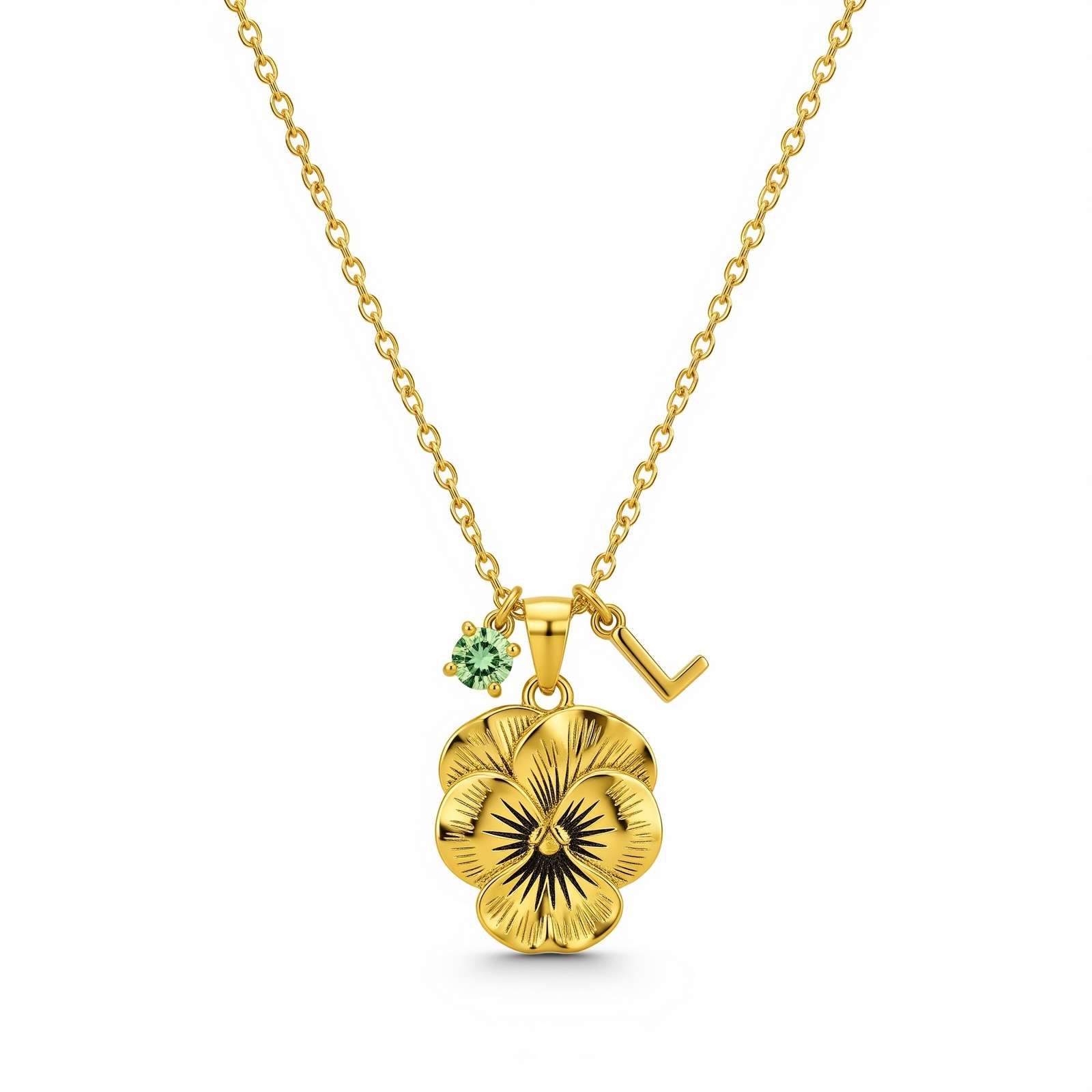 Gold Pansy Pendant Necklace with Initial and Birthstone – Personalized Floral Letter Charm Necklace for Her – Dedicate Women's Gift Custom Birth Month Flower Birthstone Charm Necklace