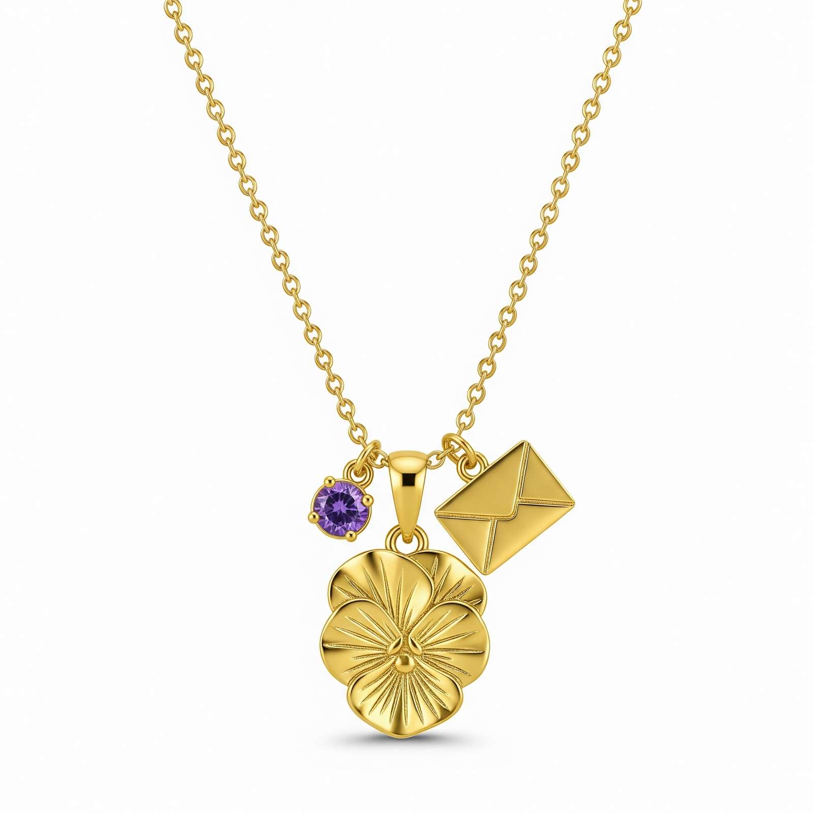 Dedicate Women's Gift Custom Birth Flower Necklace with Gold Flower Charm Birthstone Pendant and Personalized Envelope Flower Birth Month Necklace