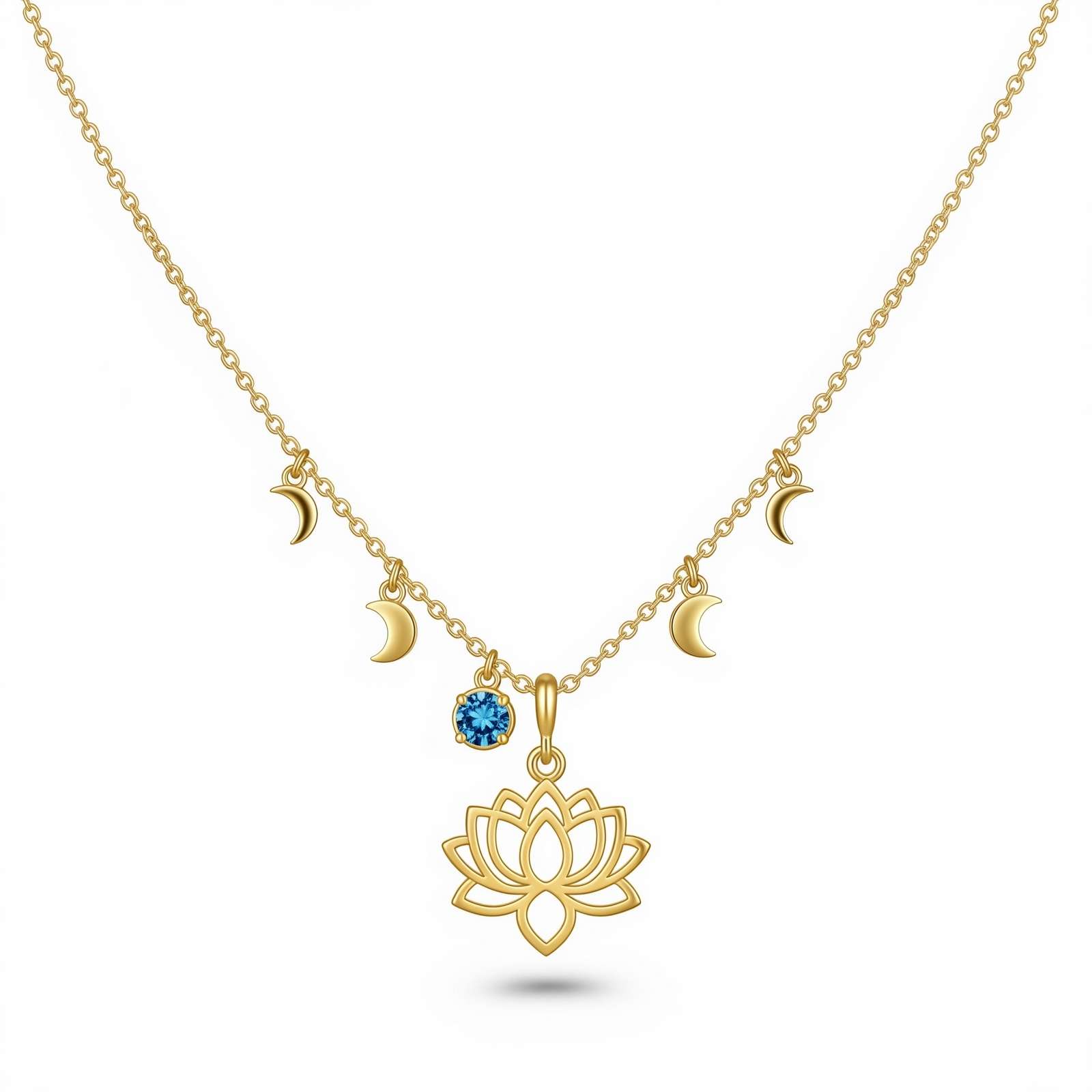 Gold Lotus Moon Phase Necklace – Celestial Spiritual Boho Jewelry with Custom Birth Month Flower Birthstone Charm – Dedicated Women’s Gift Keepsake