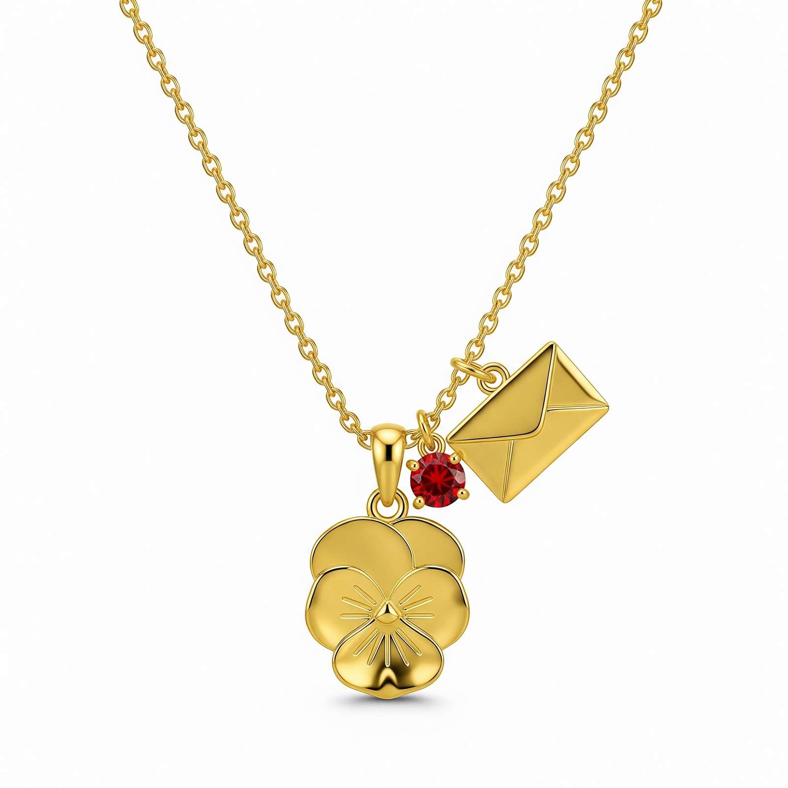 Personalized July Ruby Floral Pansy Necklace - Custom Birth Month Flower Charm with Letter Pendant, Gold Floral Birthstone Necklace for Women