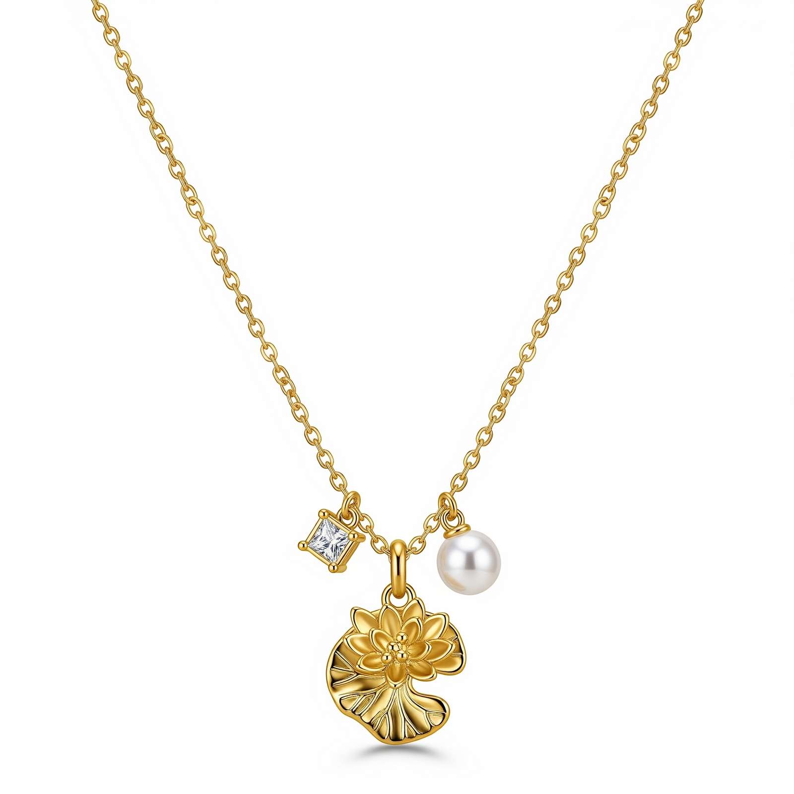 Dedicative Women's Gift Custom Birth Month Flower Charm Necklace – Gold Flower Pearl Birthstone Necklace for Her, Personalized Floral Pendant Necklace with Crystal Charm