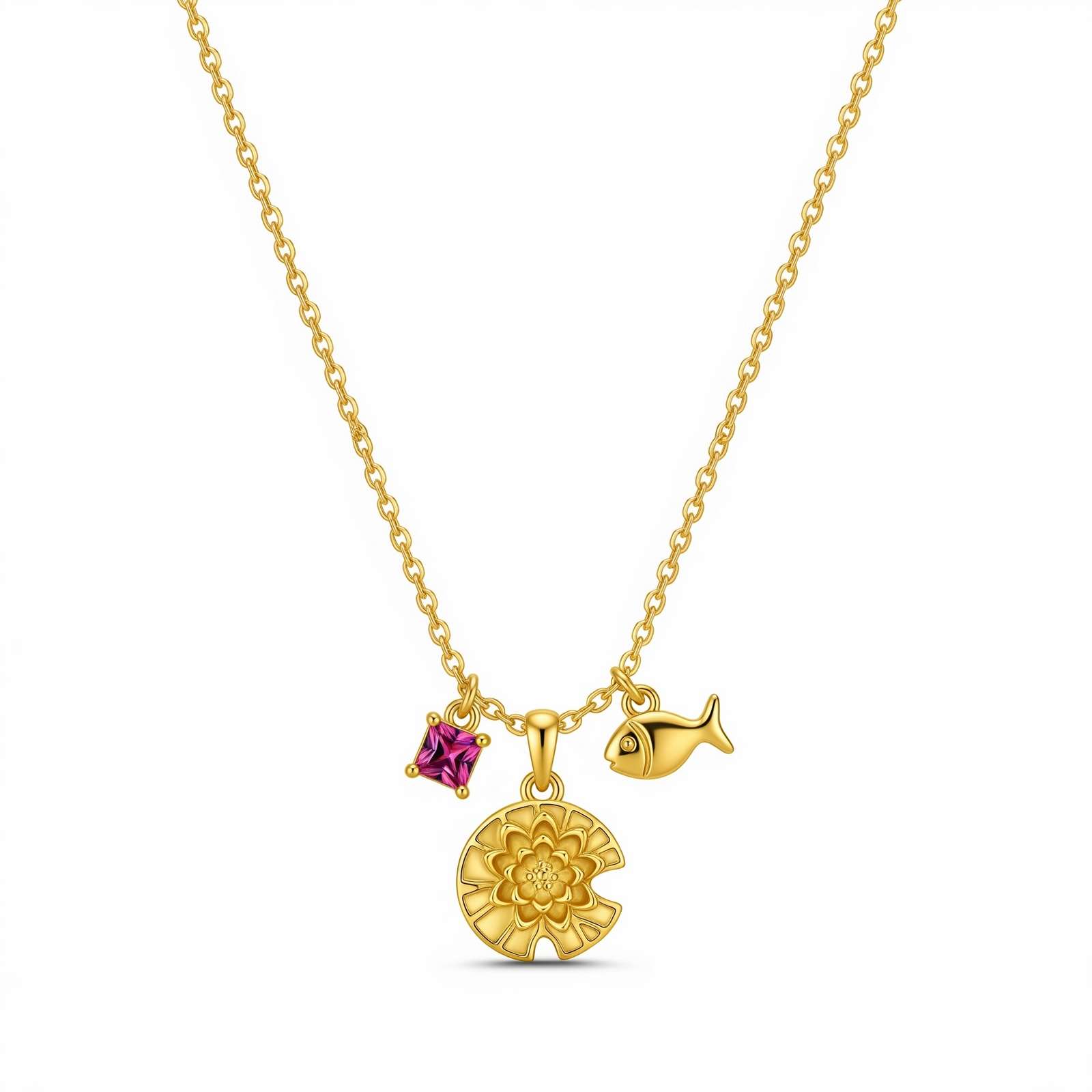 Gold Custom Birthstone Charm Necklace with Personalized Fish Charm – A Dedicated Women’s Birth Flower Necklace Gift