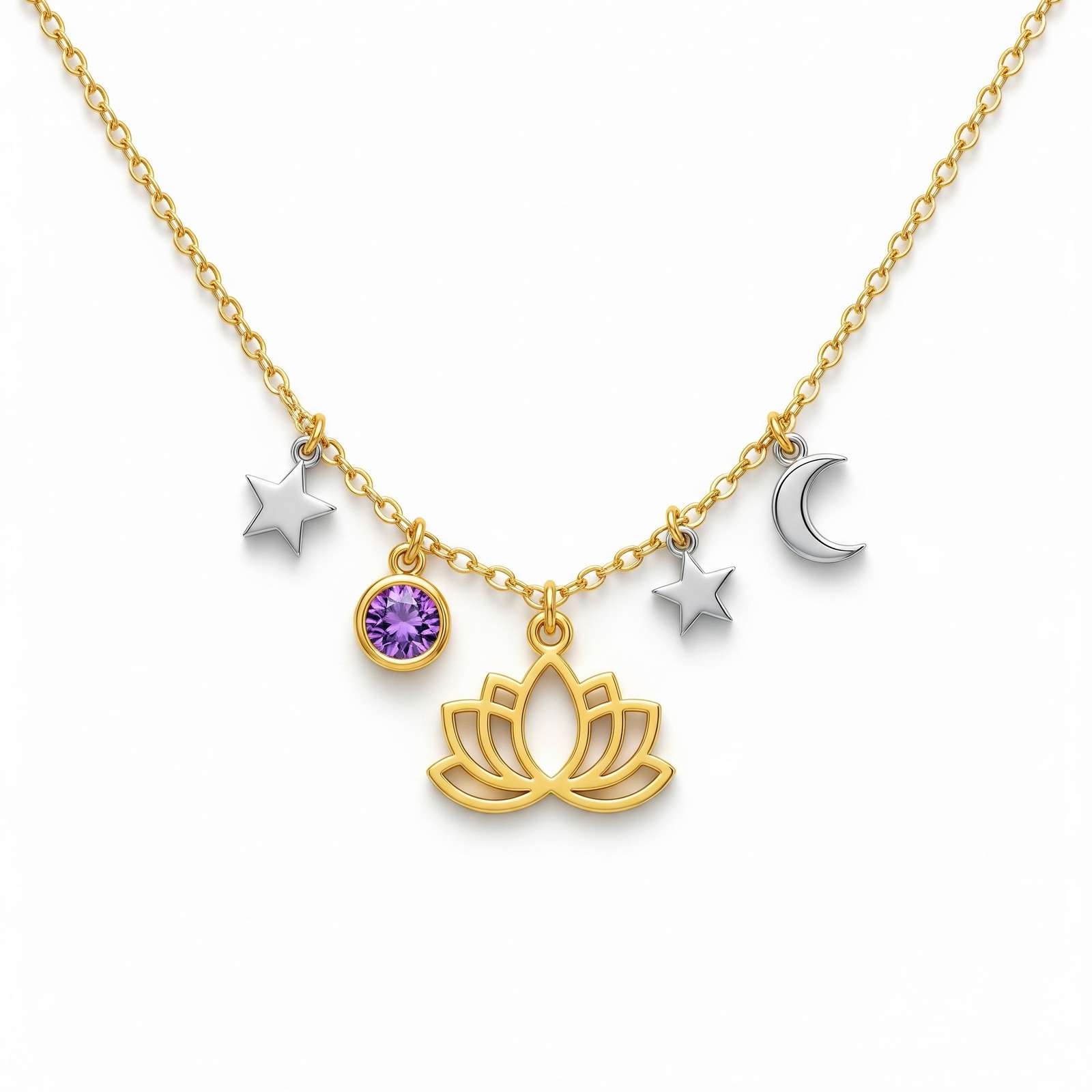 Custom Birthstone Charm Necklace – Elegant Lotus Moon Star Pendant Jewelry, A Dedicate Women’s Gift Charm Necklace for Every Soulful Occasion