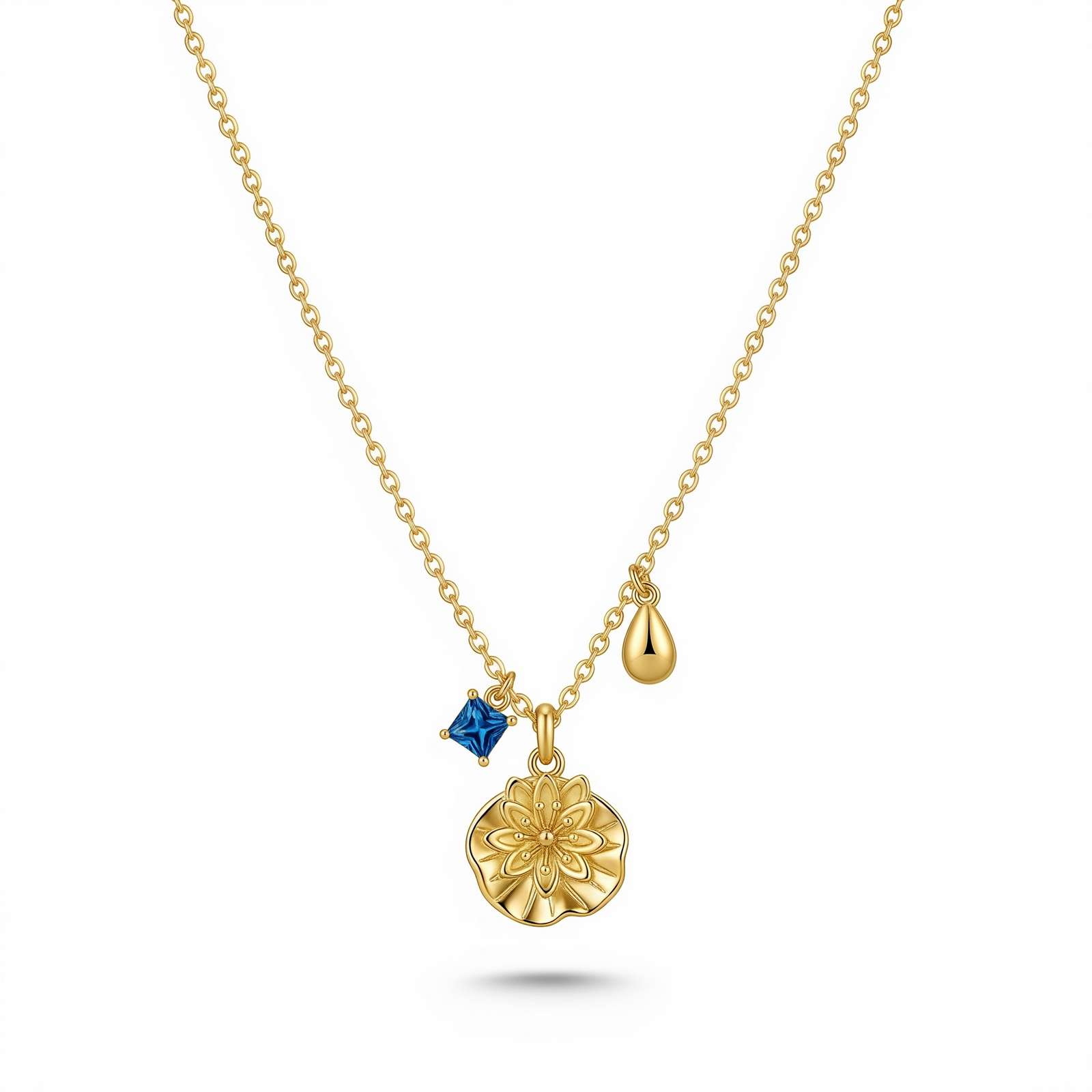 Dedicate women's gift custom birth month flower necklace with gold floral charm necklace with blue birthstone, personalized gold pendant necklace for her