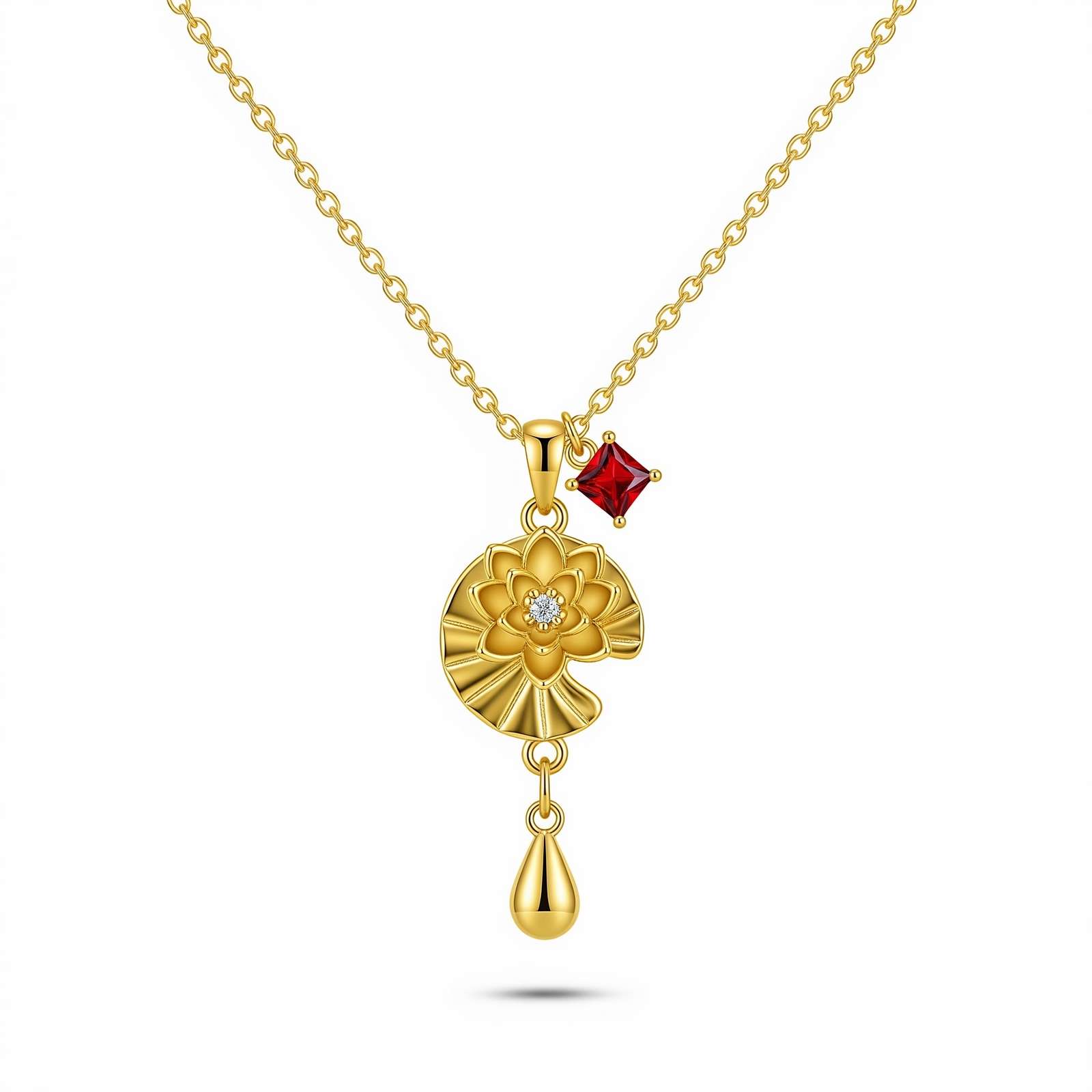 Delicate Women's Gift Custom Birth Month Flower Charm Necklace – Gold Floral Birthstone Pendant Necklace for Her – Personalized Red Gemstone Flower Drop Necklace