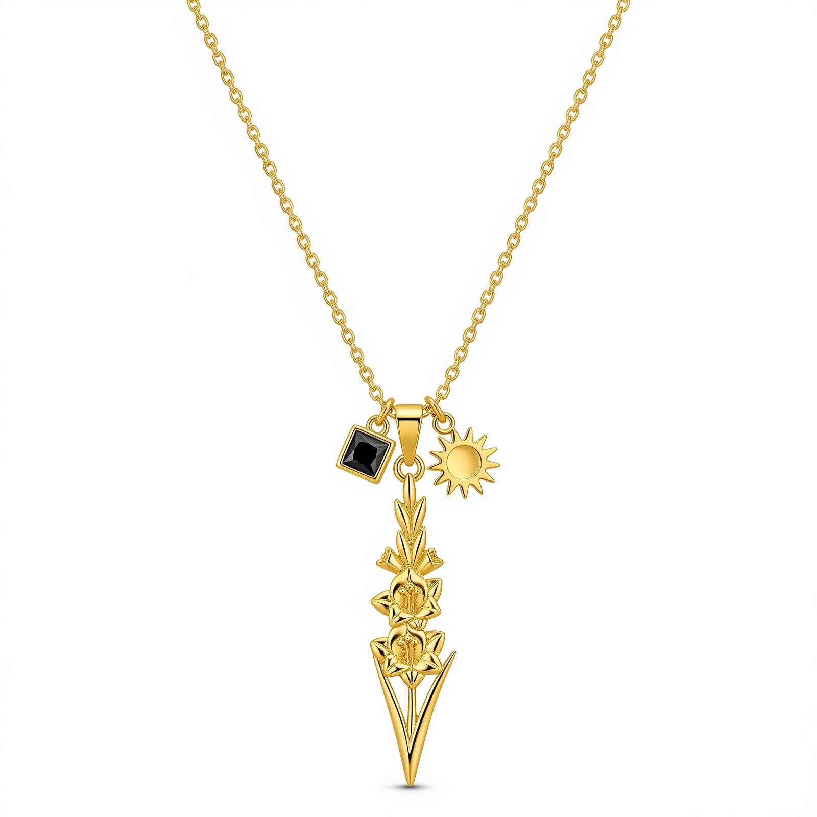 Gold Floral Pendant Necklace with Sun and Stone Charms – Personalized Botanical Birth Flower Jewelry – Dedicate Women's Gift Custom Birth Month Flower Charm Necklace