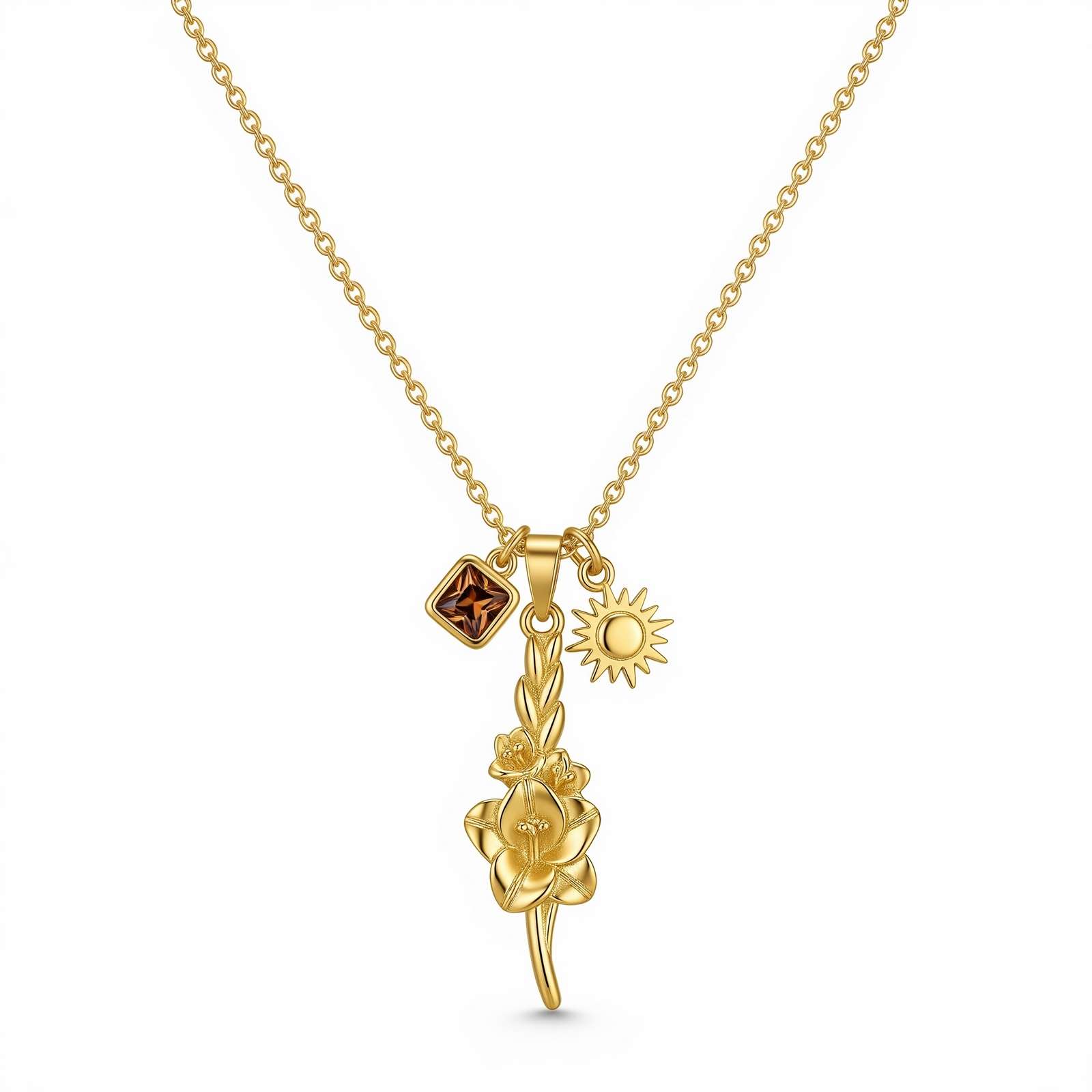 Dedicate Women's Gift Custom Birth Month Flower Birthstone Charm Necklace – Gold Floral Charm Necklace with Sun and Garnet Pendant – Personalized July Birthstone Gold Necklace for Women