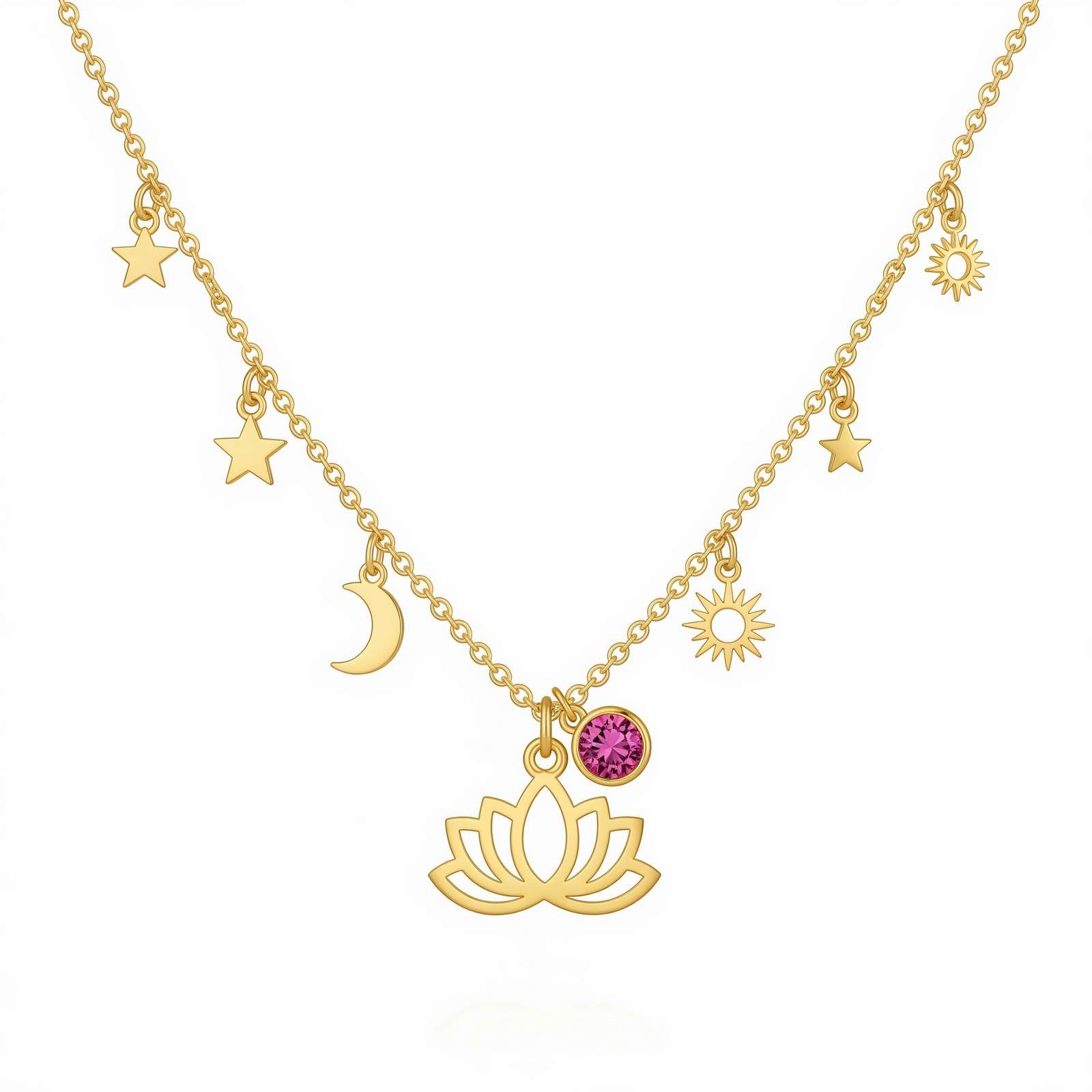 Celestial Zodiac Charm Gold Necklace with Birthstone Lotus Charm – A Delicate Women's Gift Featuring Custom Birth Month Flower Birthstone Charm Necklace Accents