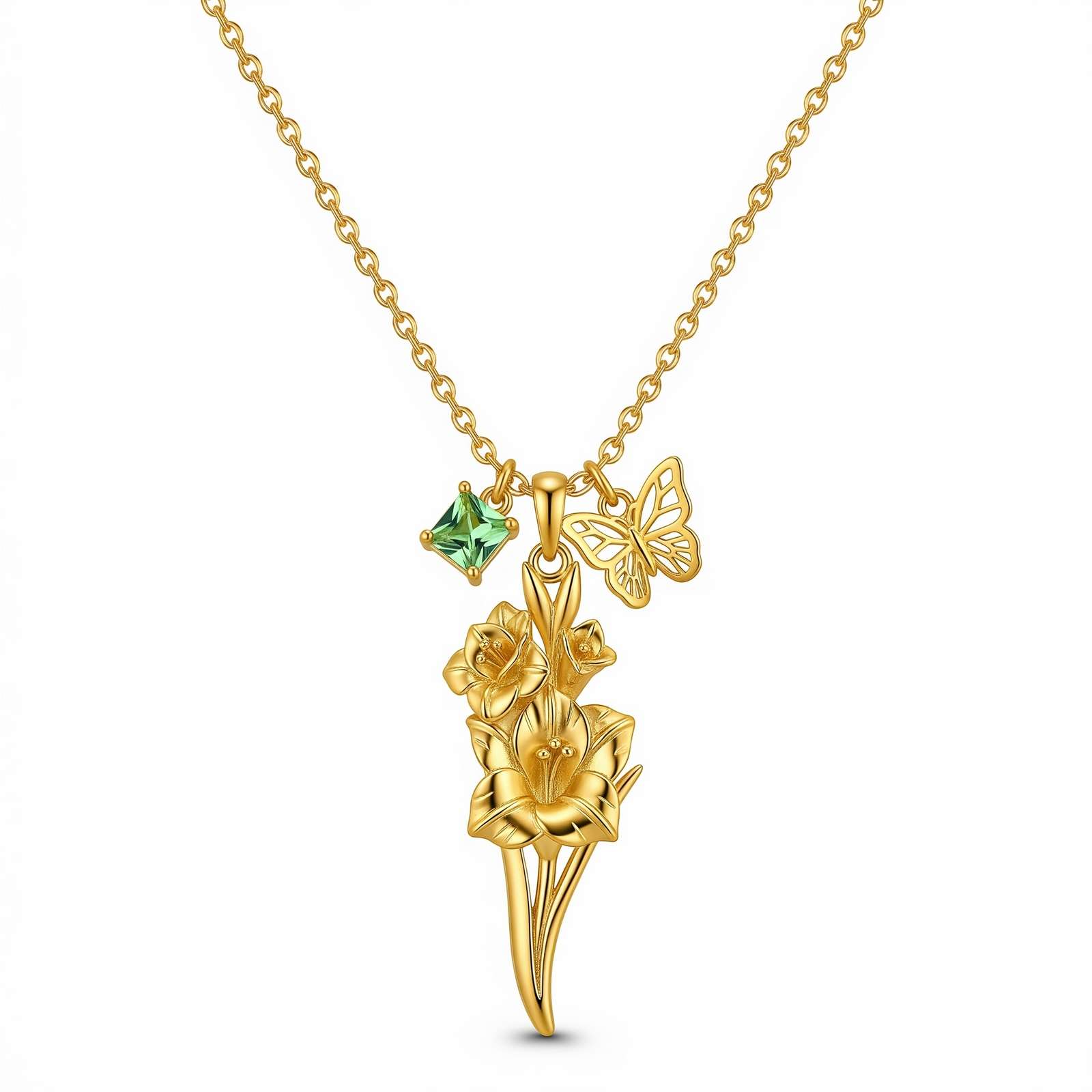 Dedicate Women's Gift Custom Birth Month Flower Birthstone Charm Necklace – Gold Floral Butterfly Necklace for Women with Personalized Lily Flower Pendant with Green Gemstone