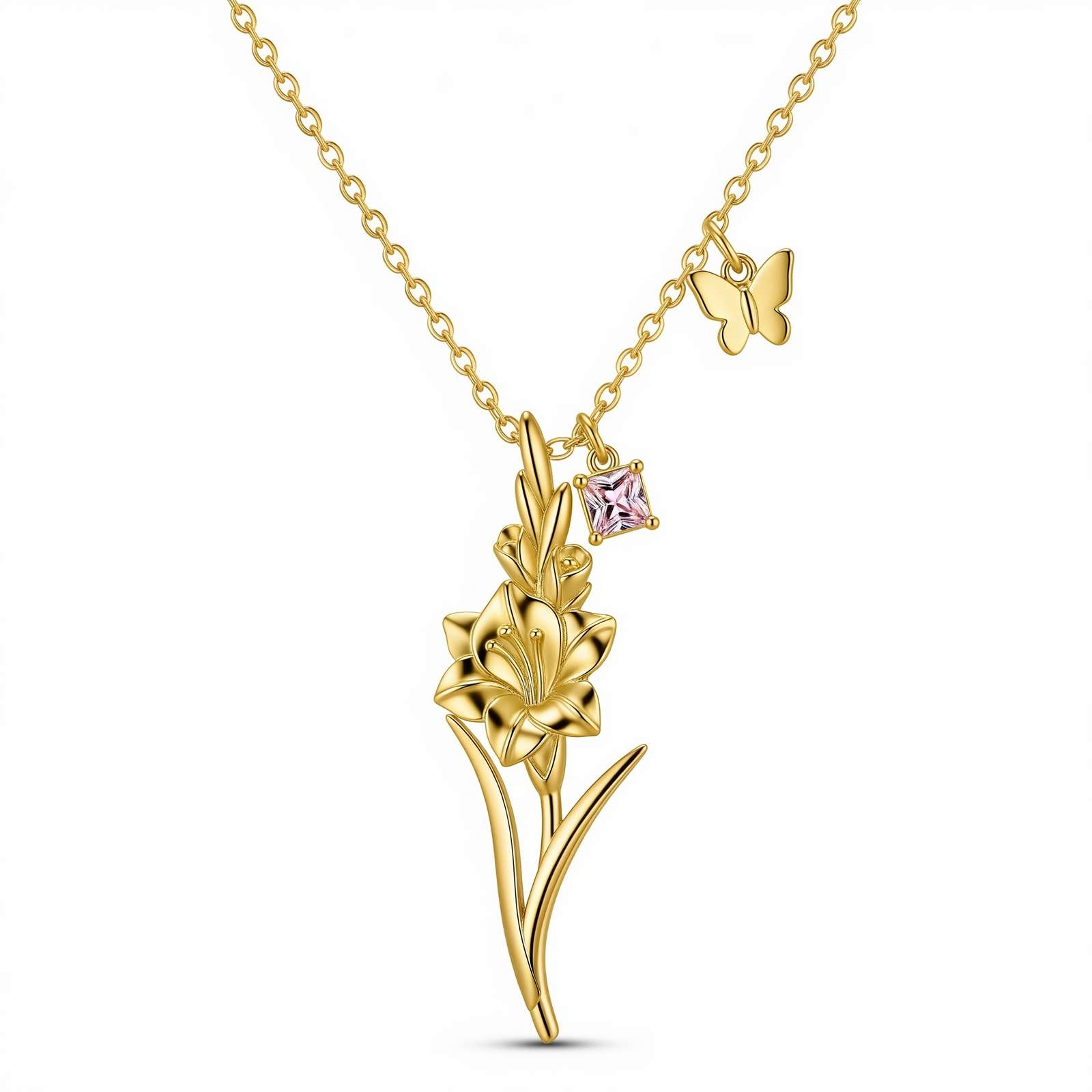 Gold Gladiolus Pink Gemstone Pendant – Custom Birth Month Flower Charm Necklace, a Delicate Women's Gift Flower Birthstone Necklace