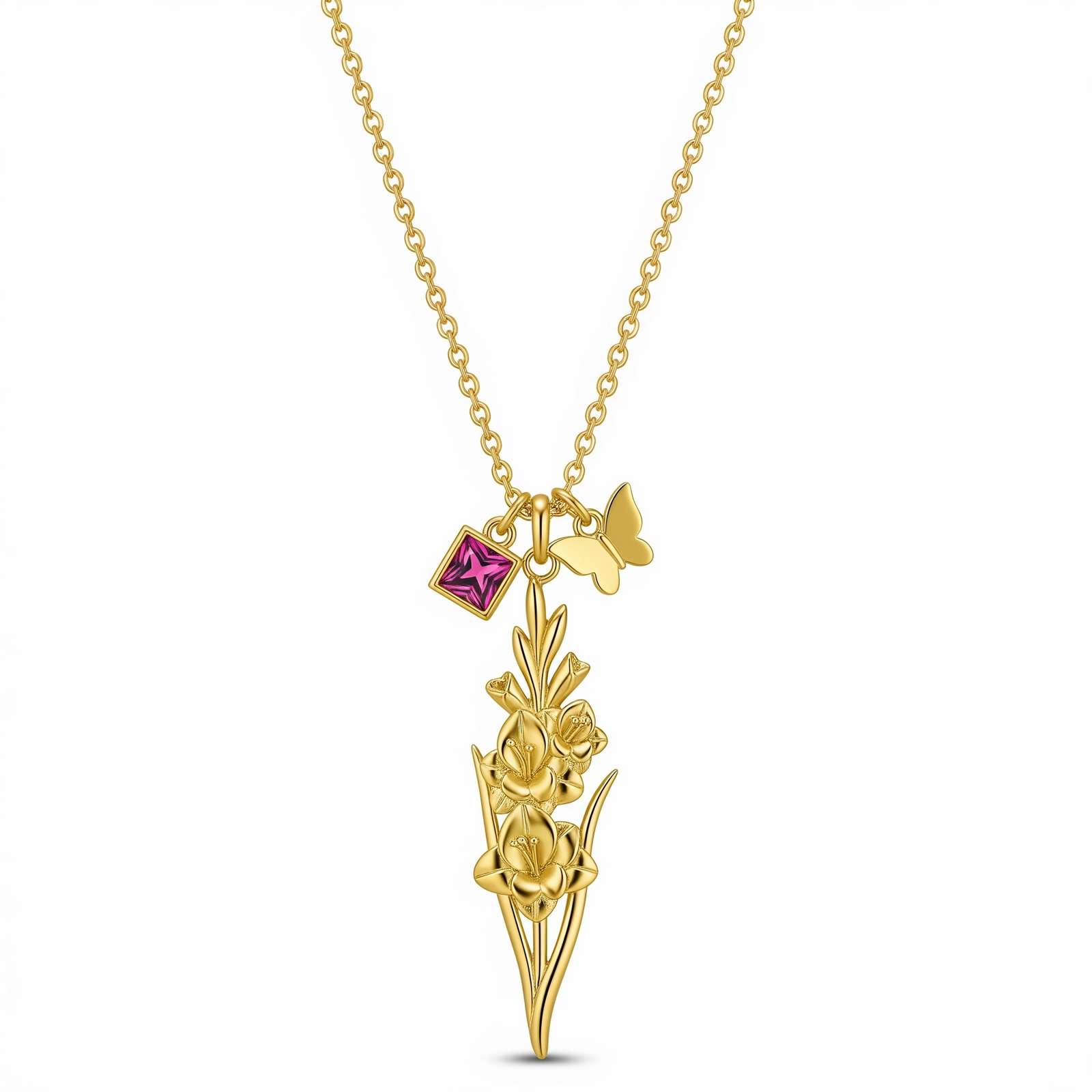 Dedicate Women's Gift Custom Birth Month Flower Necklace – Gold Floral Birthstone Charm Pendant – Personalized Iris Flower Butterfly Necklace