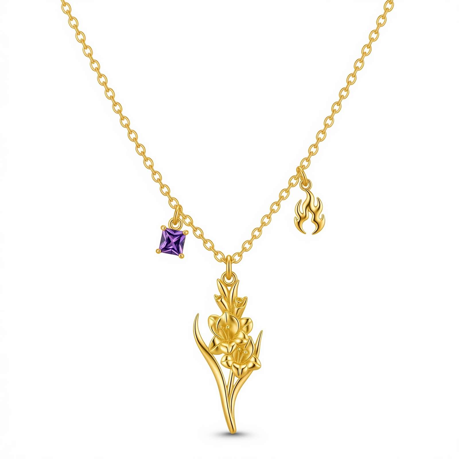 Dedicate women's gift custom birth flower birthstone necklace – gold orchid flower charm necklace with amethyst – personalized July birth month floral pendant