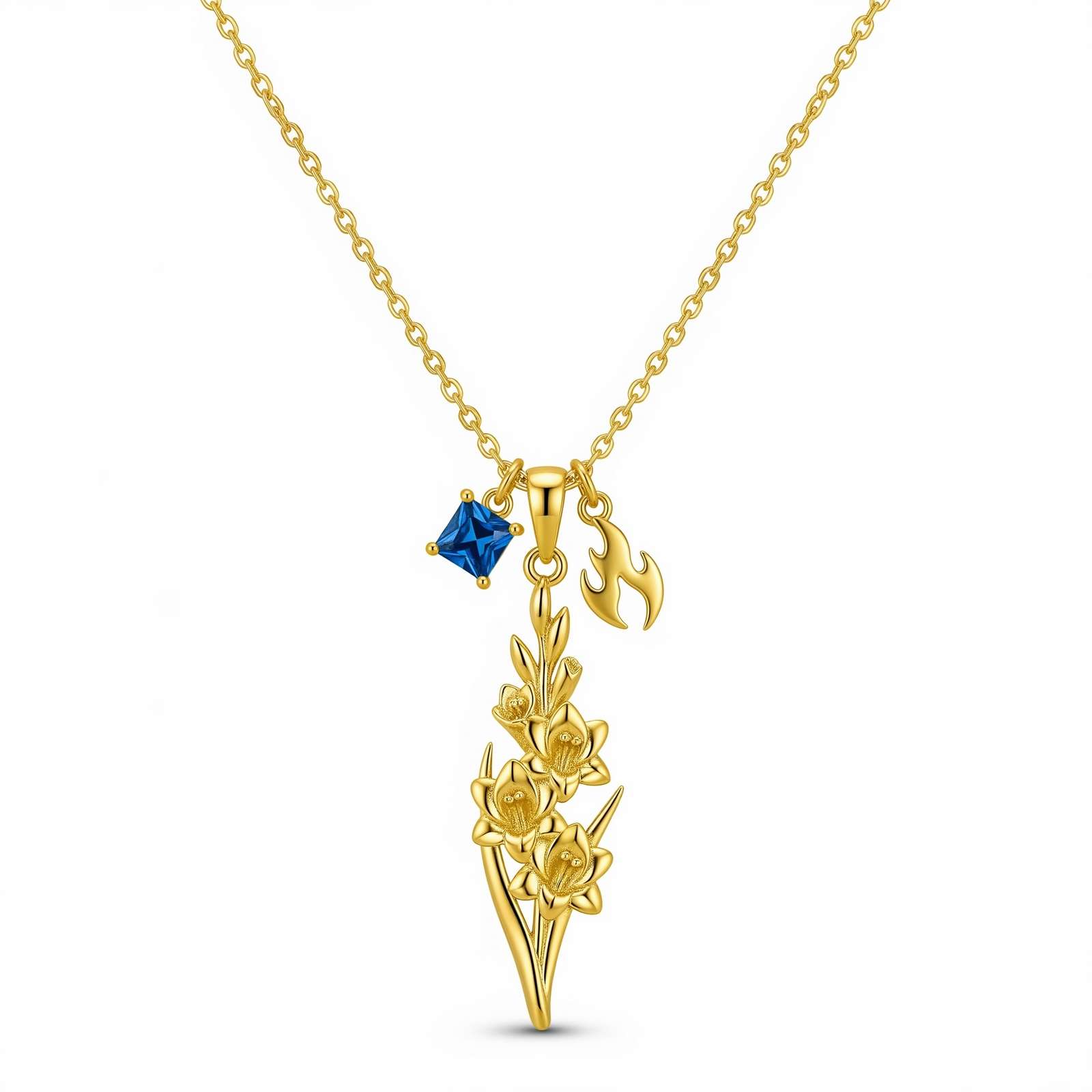 Dedicate Women's Gift Custom Birth Flower Birthstone Necklace – Gold Daffodil Charm Necklace with Blue Crystal – Personalized April Birth Month Jewelry