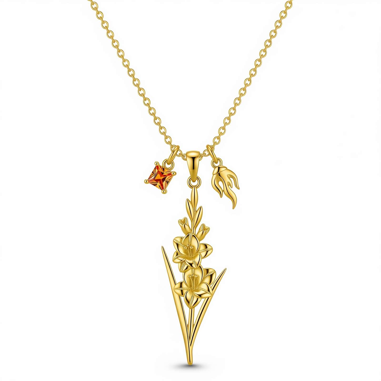 Custom Birth Month Flower Charm Necklace – Gold Floral Pendant with Orange Gemstone & Personalized Women's Leaf Charm Necklace Elegance