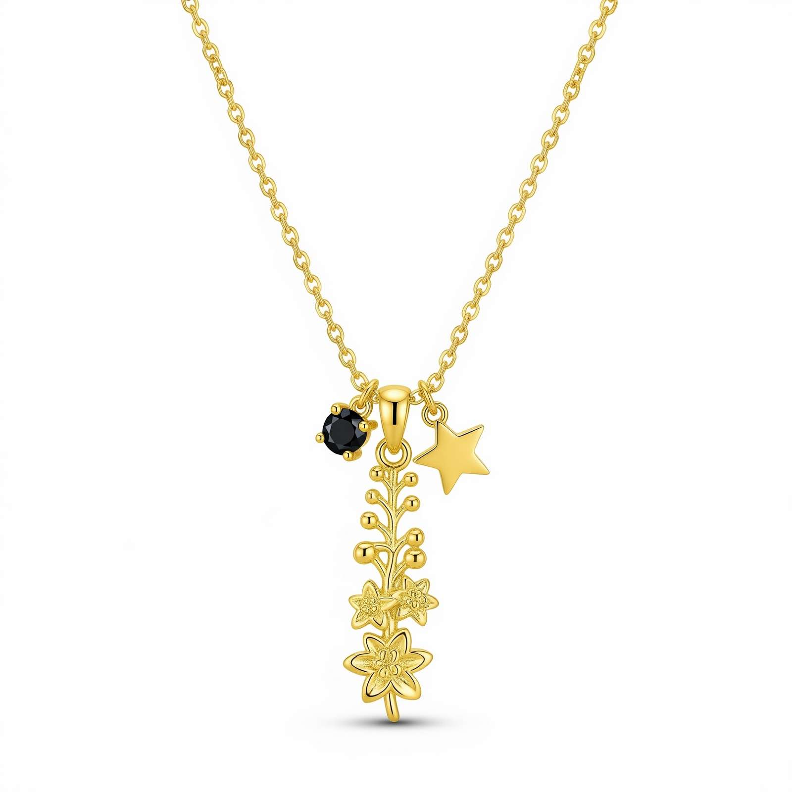Dedicate Women's Gift Custom Birth Month Flower Necklace – Gold Floral Star Charm Pendant for Her – Personalized Black Gemstone Gold Necklace