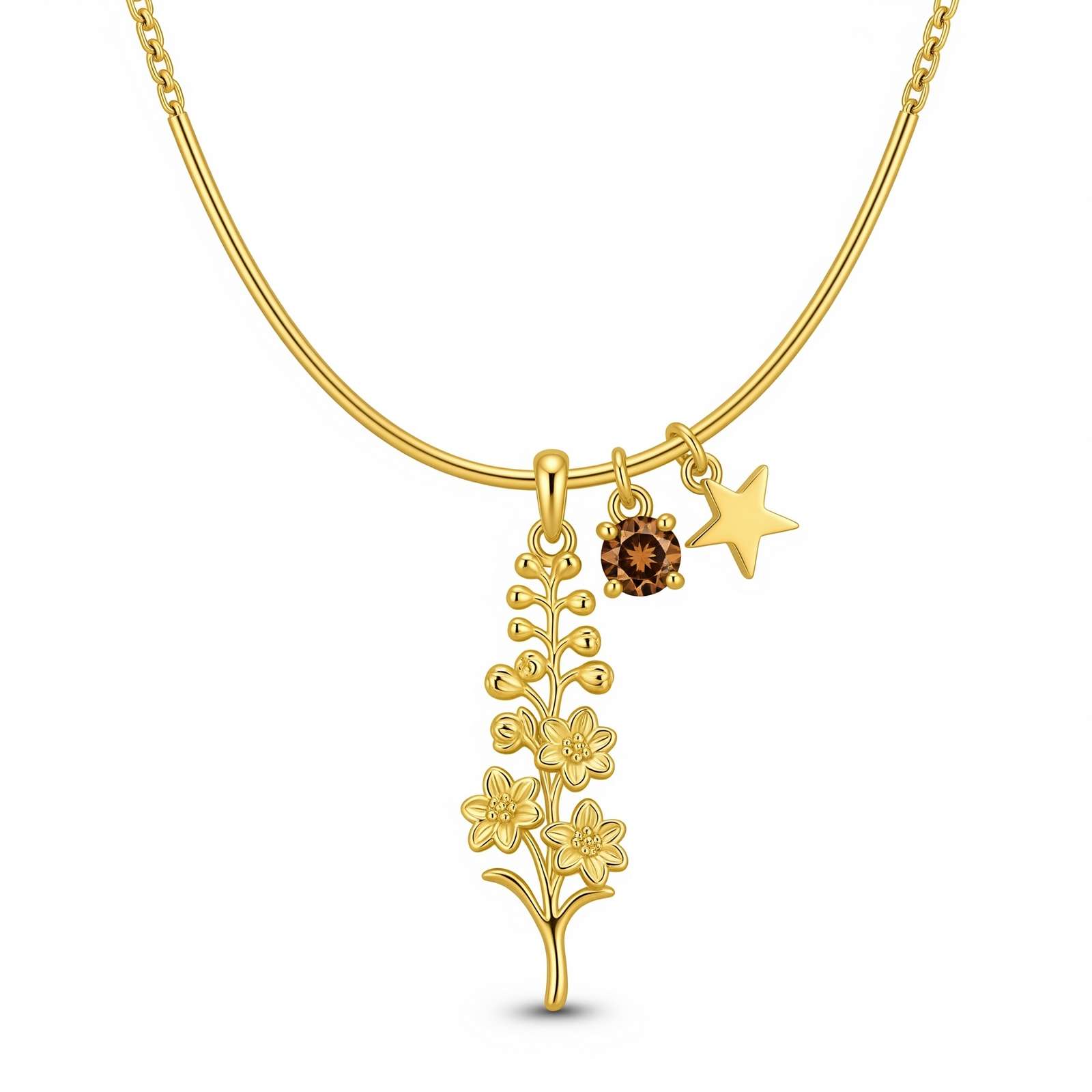 Gold Floral Star Birthstone Necklace – Personalized Birth Month Charm Jewelry, Perfect Dedicate Women's Gift Custom Birth Flower Necklace