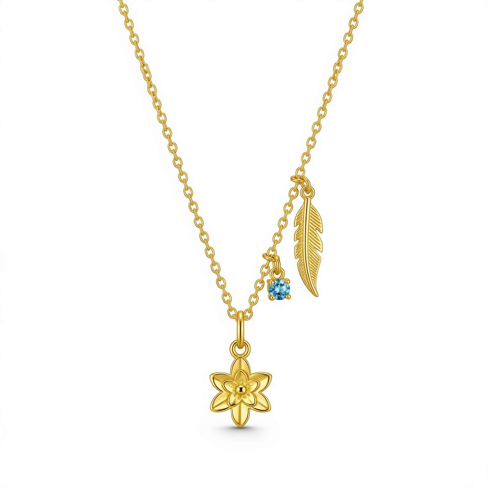 Delicate Women's Gift Custom Birthstone Flower Charm Necklace – Gold Flower Feather Charm Pendant Necklace – Personalized Birth Month Jewelry Gift for Her